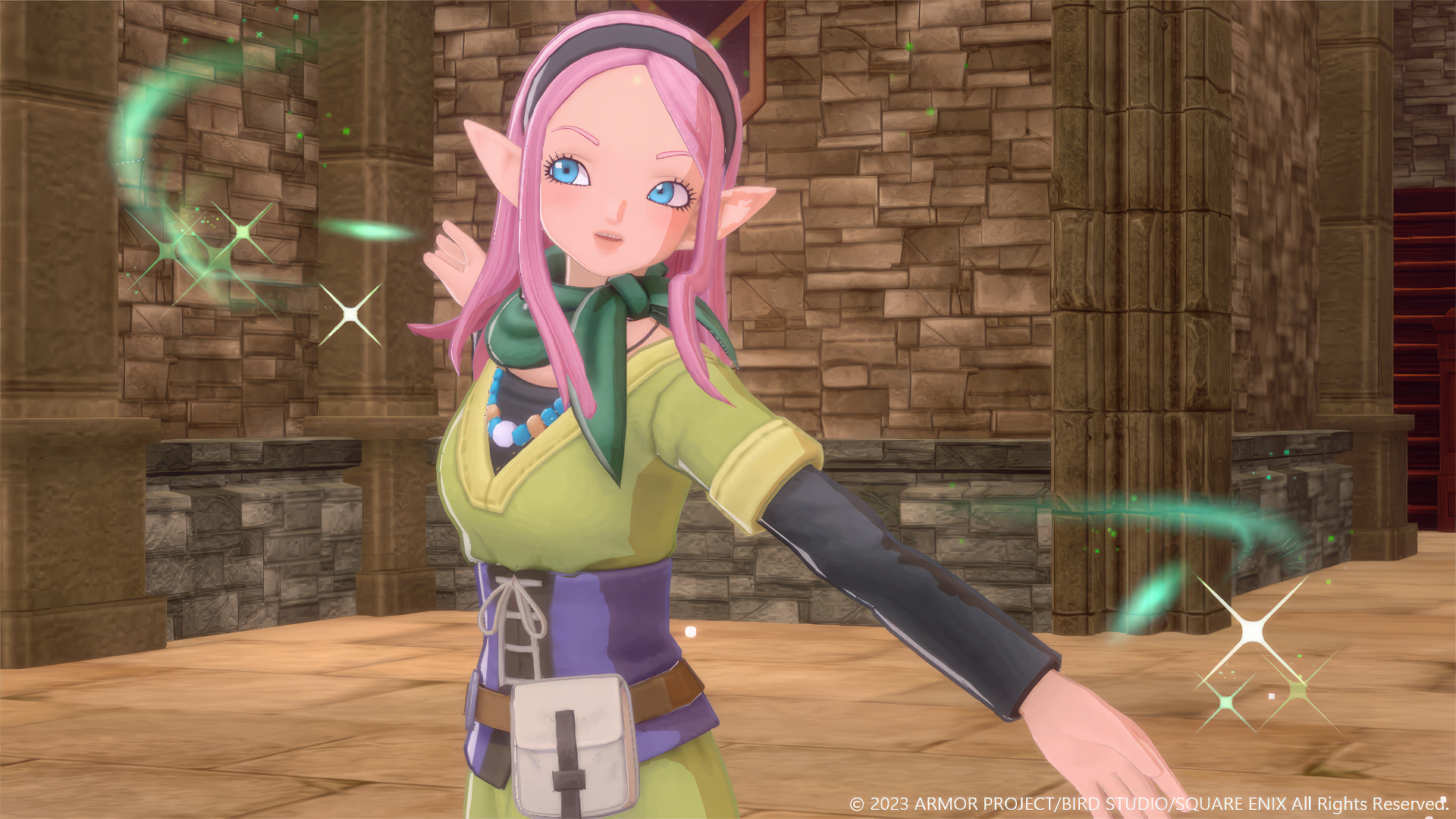 A vibrant HD wallpaper from Dragon Quest Monsters: The Dark Prince, featuring a magical character with pink hair and elf-like ears, surrounded by sparkling effects in a fantasy setting.