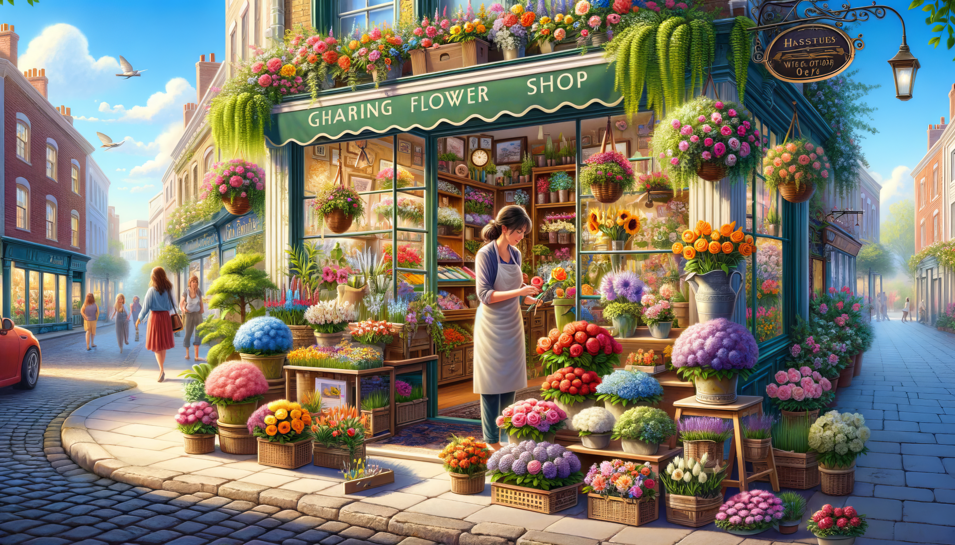 A vibrant flower shop brimming with colorful blooms and greenery, featuring a woman tending to the display. This HD image serves as an inviting desktop wallpaper or background.