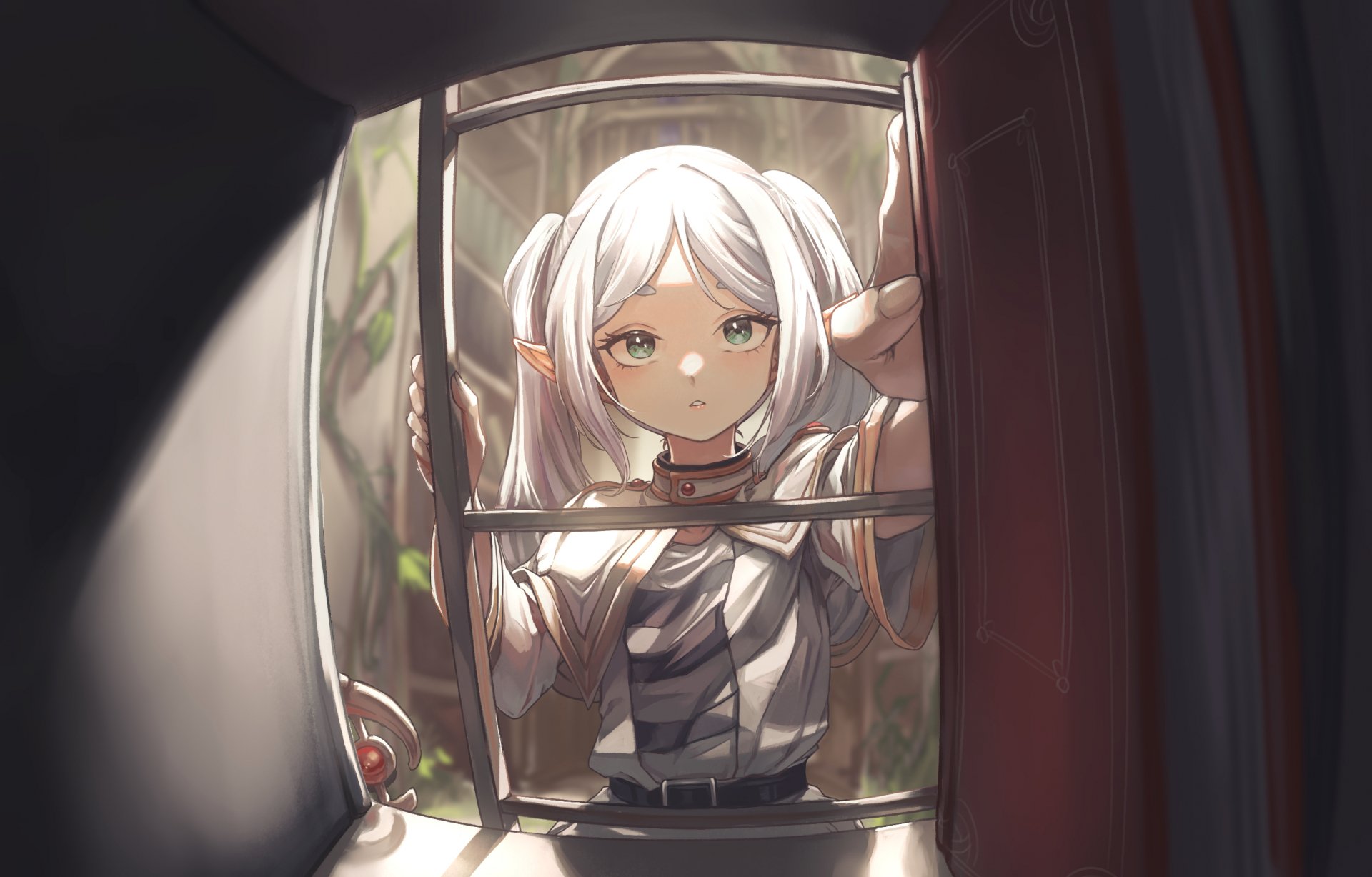 HD desktop wallpaper featuring Frieren from the anime Frieren: Beyond Journey's End, peering through a window with a serene expression and soft lighting.