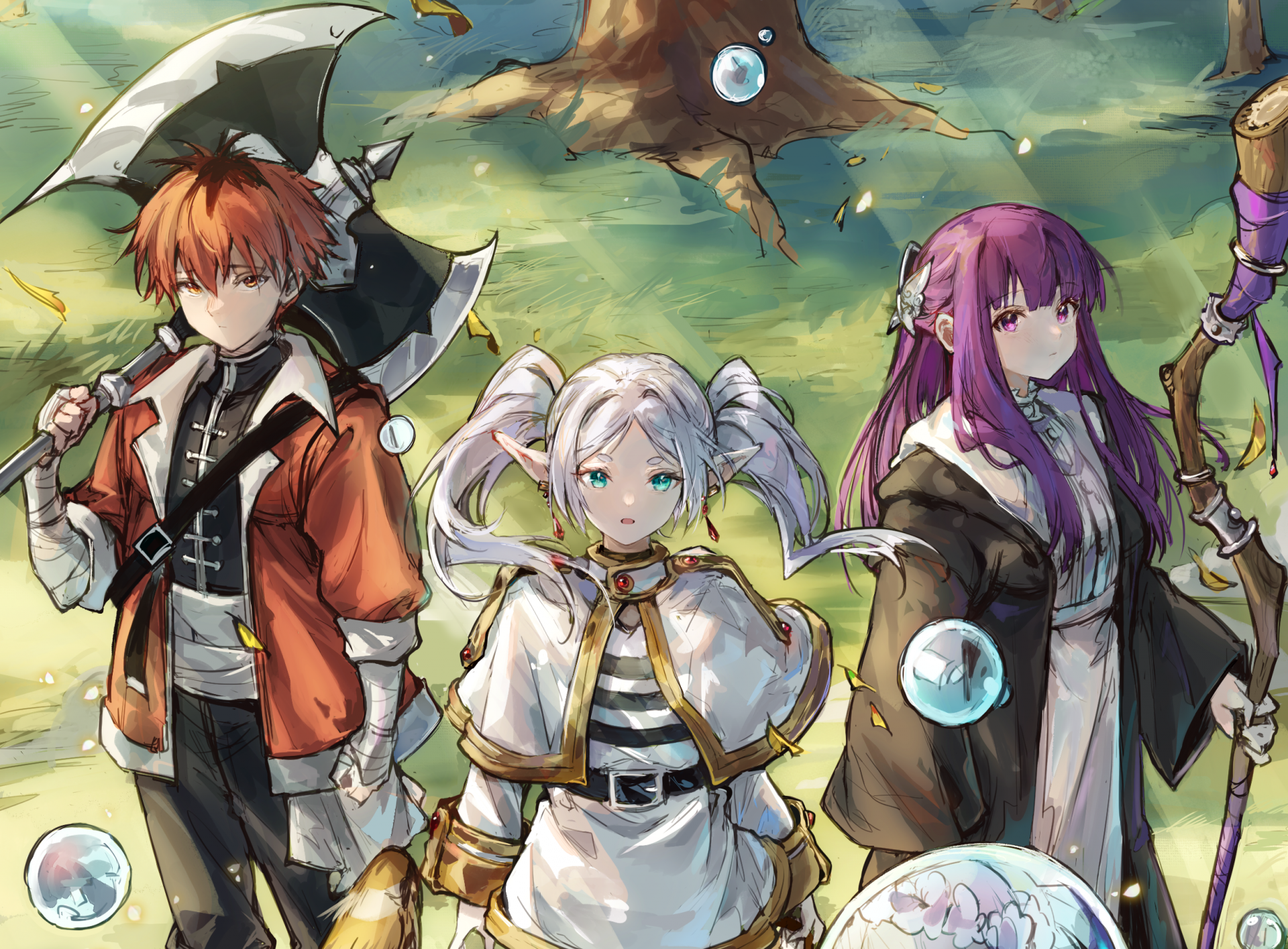 Anime HD wallpaper from Frieren: Beyond Journey's End featuring Stark, Frieren, and Fern standing together with a bird flying above in a vibrant background.