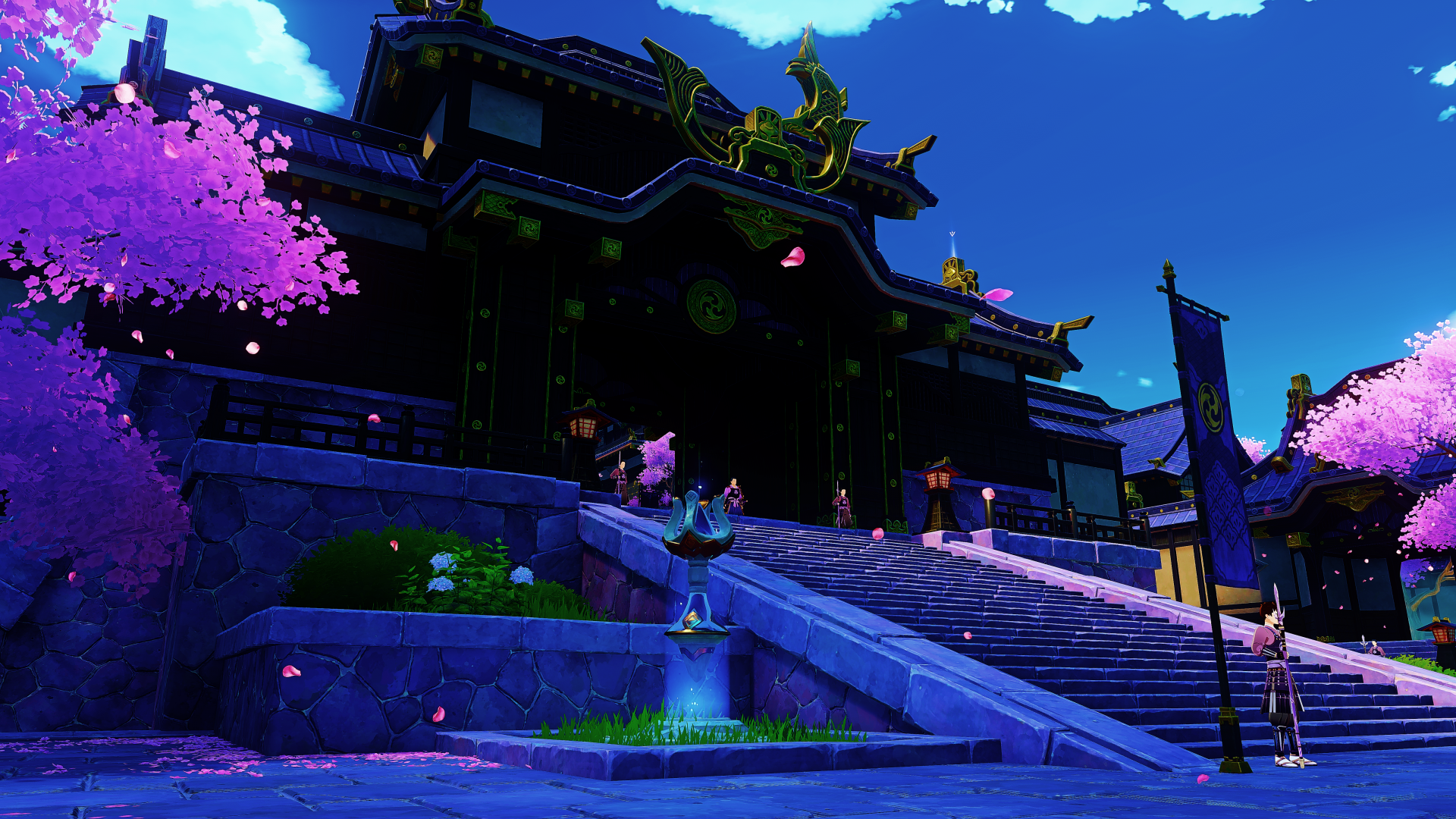 4K Ultra HD PC wallpaper showcasing a vibrant Genshin Impact scene with traditional architecture and blooming cherry blossoms under a clear blue sky.