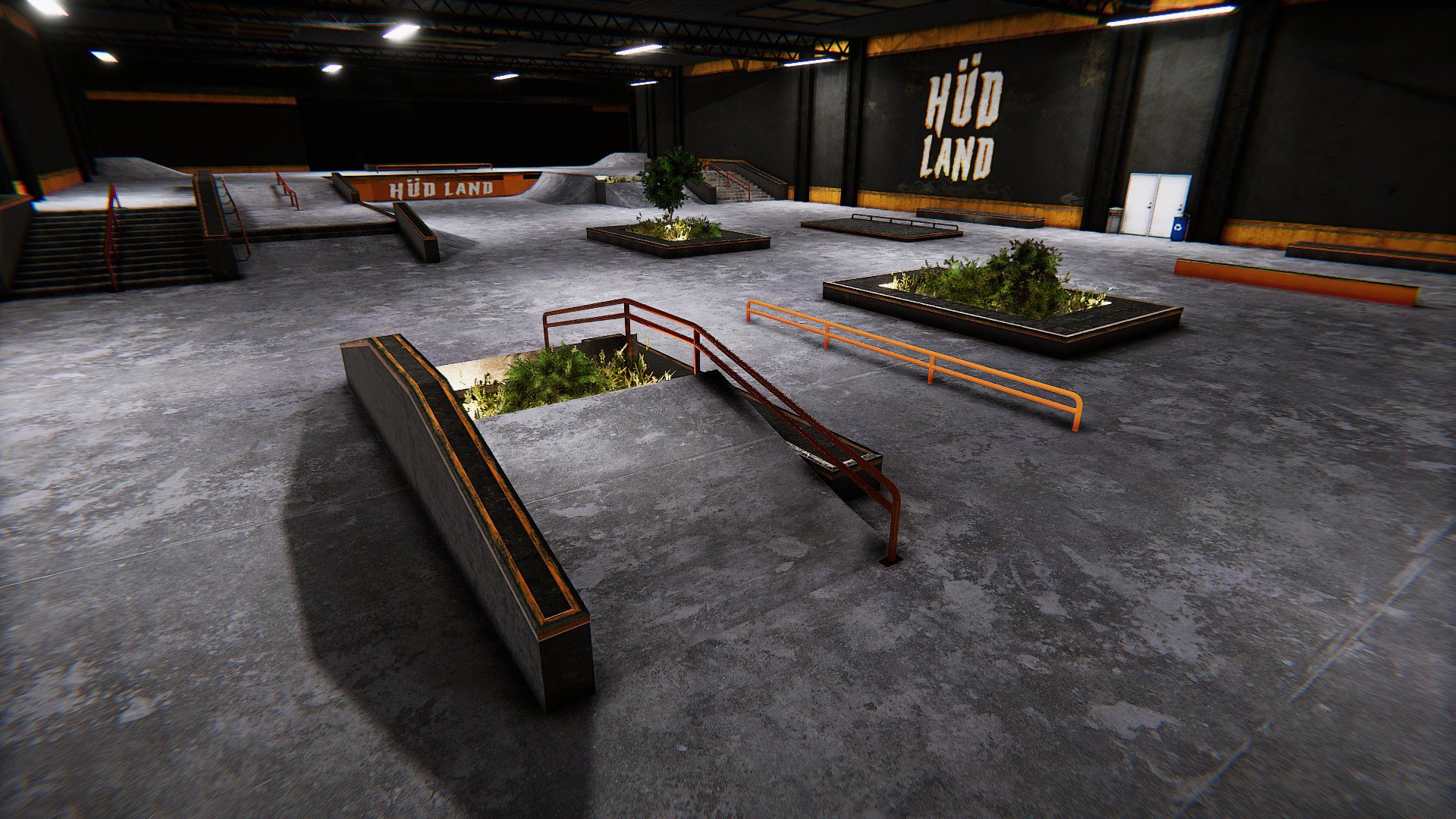 HD Skater XL desktop wallpaper featuring an indoor skatepark with various ramps and rails at HUDLAND.