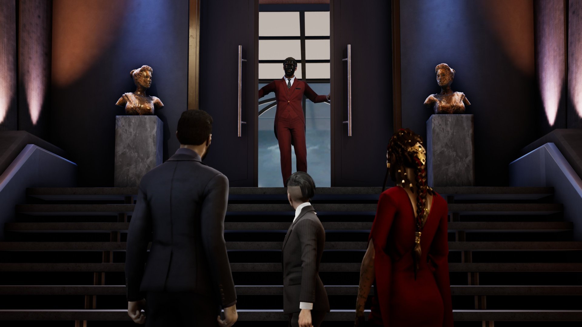 HD desktop wallpaper featuring a scene from Vampire: The Masquerade - Swansong with characters standing in a grand hall with a staircase leading to a dramatic entrance.