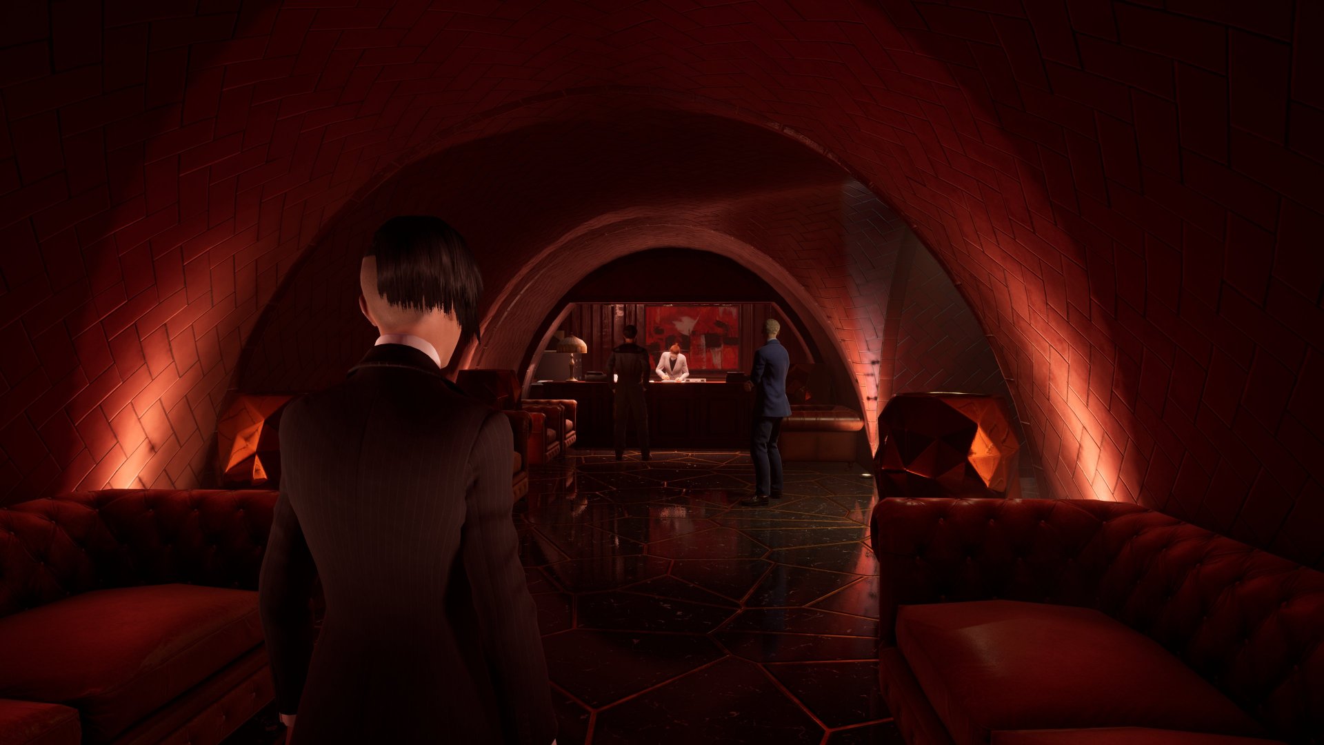 A captivating HD desktop wallpaper from *Vampire: The Masquerade - Swansong*, featuring a dimly lit bar scene with elegant seating and characters in a mysterious setting.