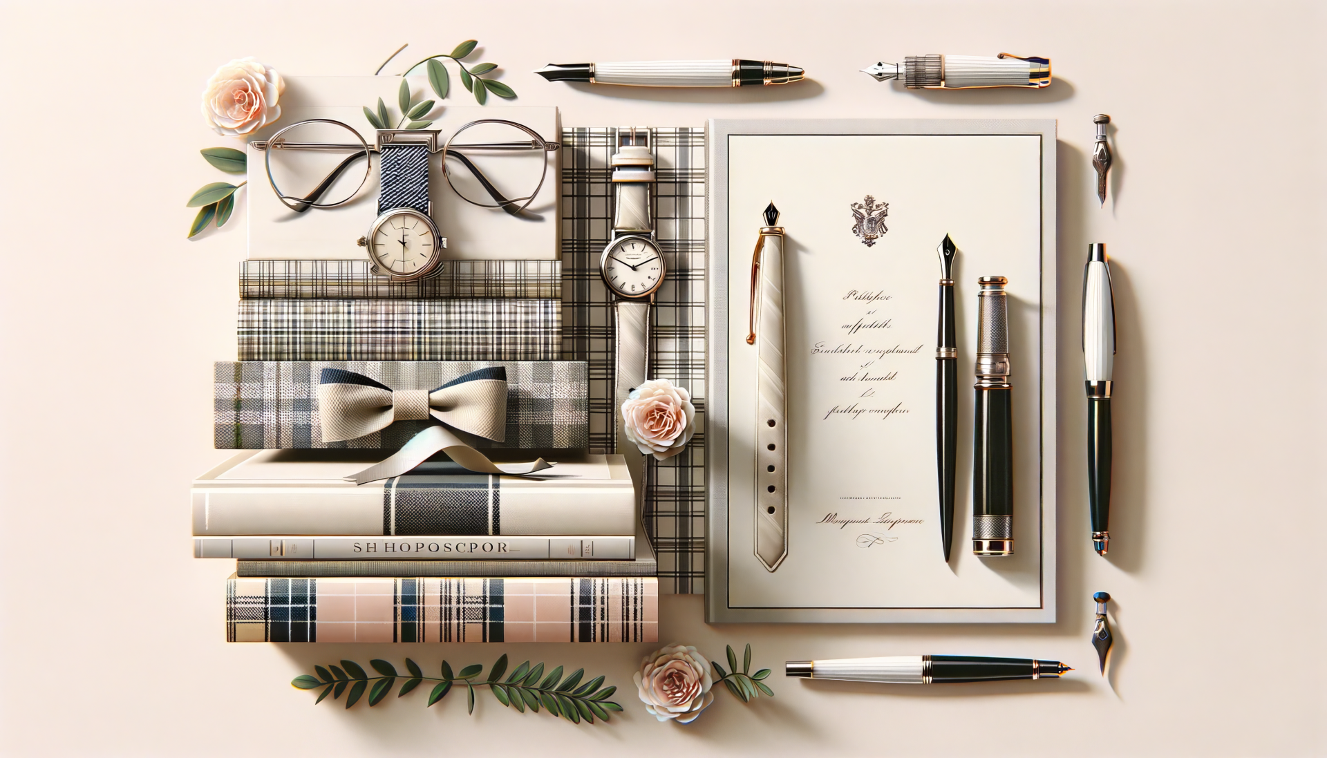Elegant preppy-themed desktop wallpaper featuring a stylish arrangement of watches, pens, plaid-patterned notebooks, and delicate flowers on a soft beige background.