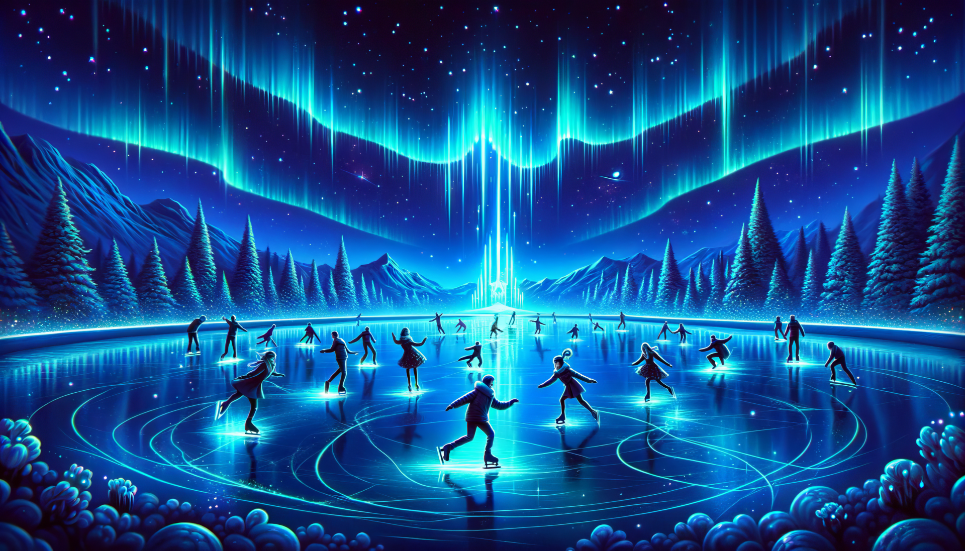 A vibrant HD wallpaper depicting ice skaters gliding across a shimmering, illuminated rink under a stunning northern lights backdrop, surrounded by snow-covered trees and mountains.