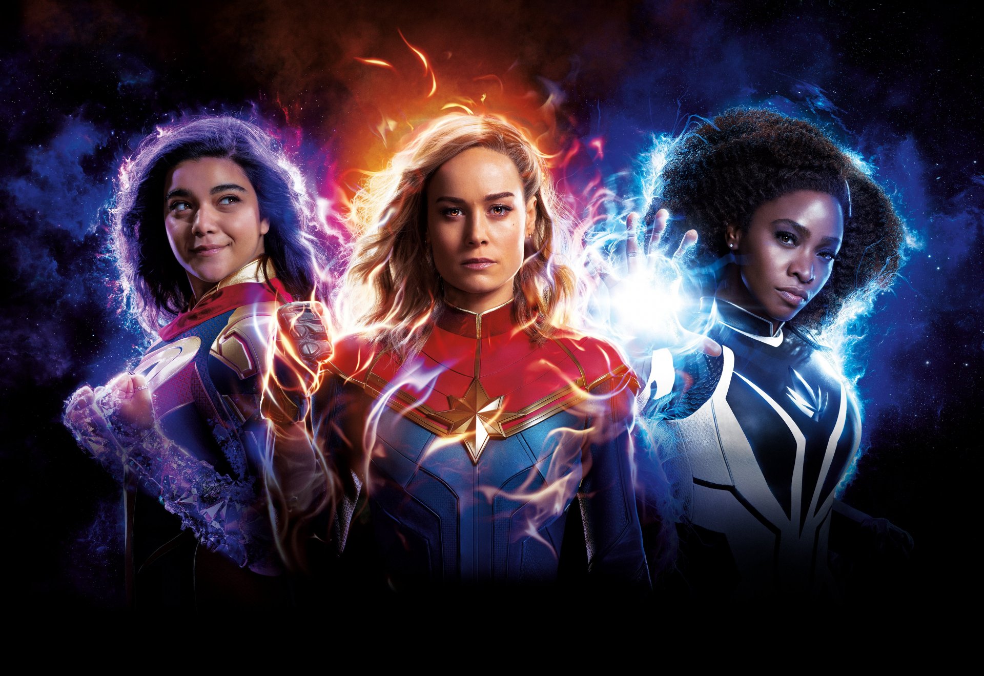 4K Ultra HD PC desktop wallpaper featuring the main characters from the movie The Marvels, showcasing vibrant cosmic energy effects and dynamic poses.