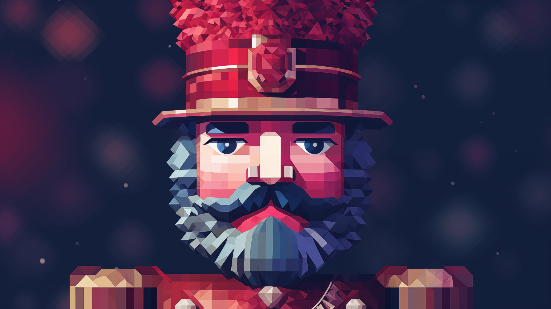 HD desktop wallpaper featuring a stylized nutcracker figure with a geometric design set against a festive, bokeh Christmas backdrop.