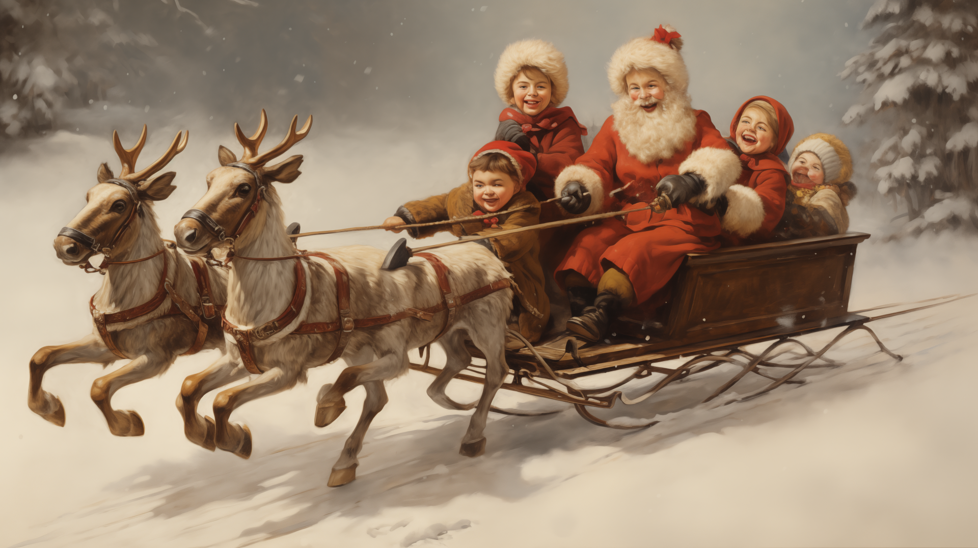 HD Christmas wallpaper featuring Santa and children joyfully riding a sleigh pulled by reindeer through a snowy landscape.