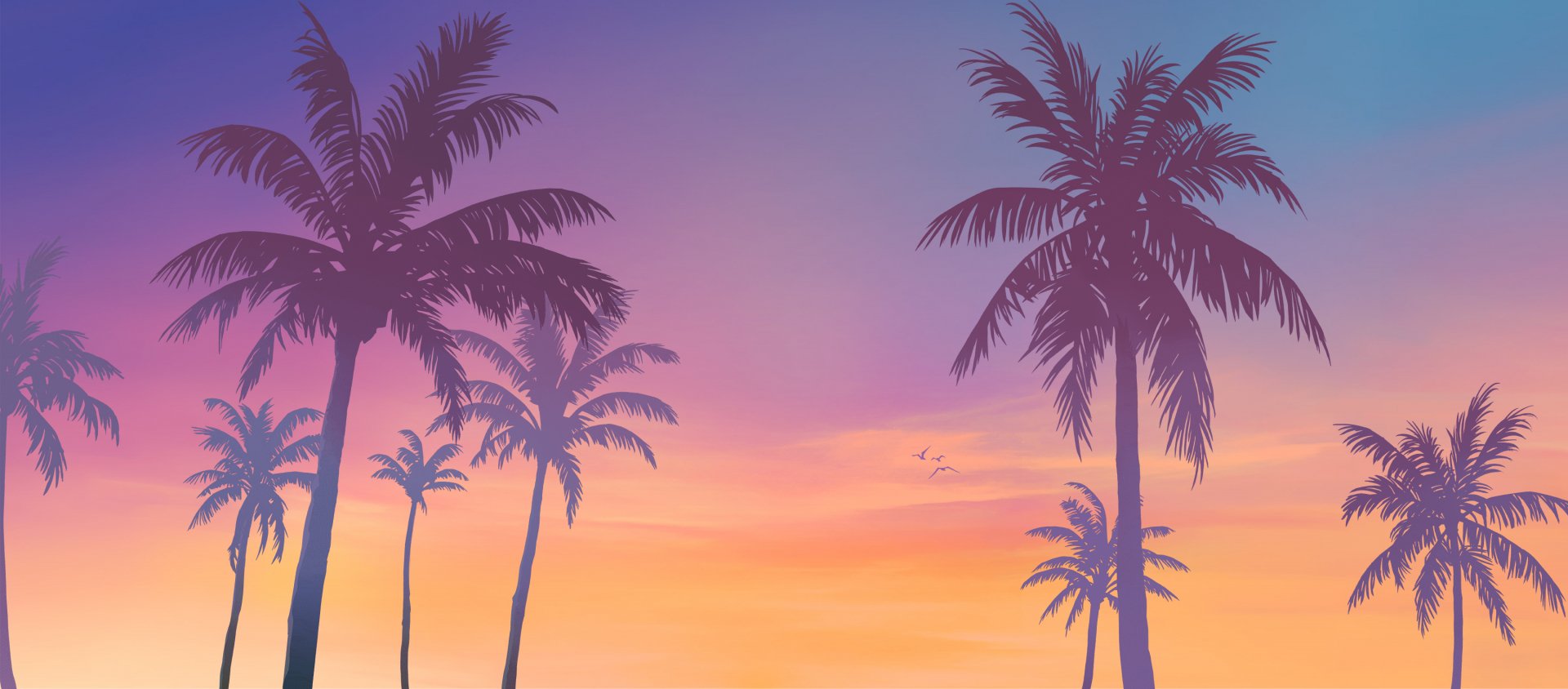 HD PC desktop wallpaper showcasing a vibrant sunset with gradient skies, silhouetted palm trees, and a bird flying near the glowing sun.