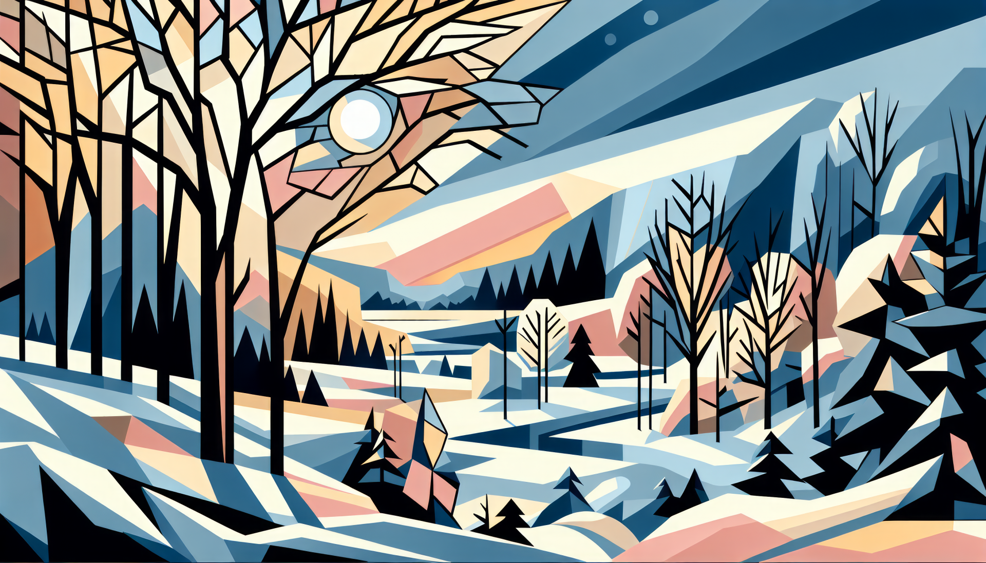 HD wallpaper featuring a stylized winter scene with snow-covered hills, bare trees, and a pastel sunset sky.