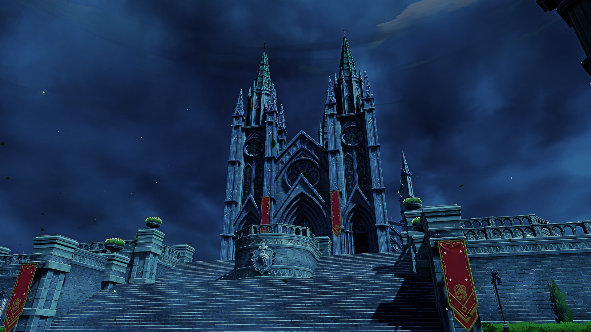 4K Ultra HD Genshin Impact PC wallpaper featuring a towering dark gothic cathedral under a cloudy night sky.