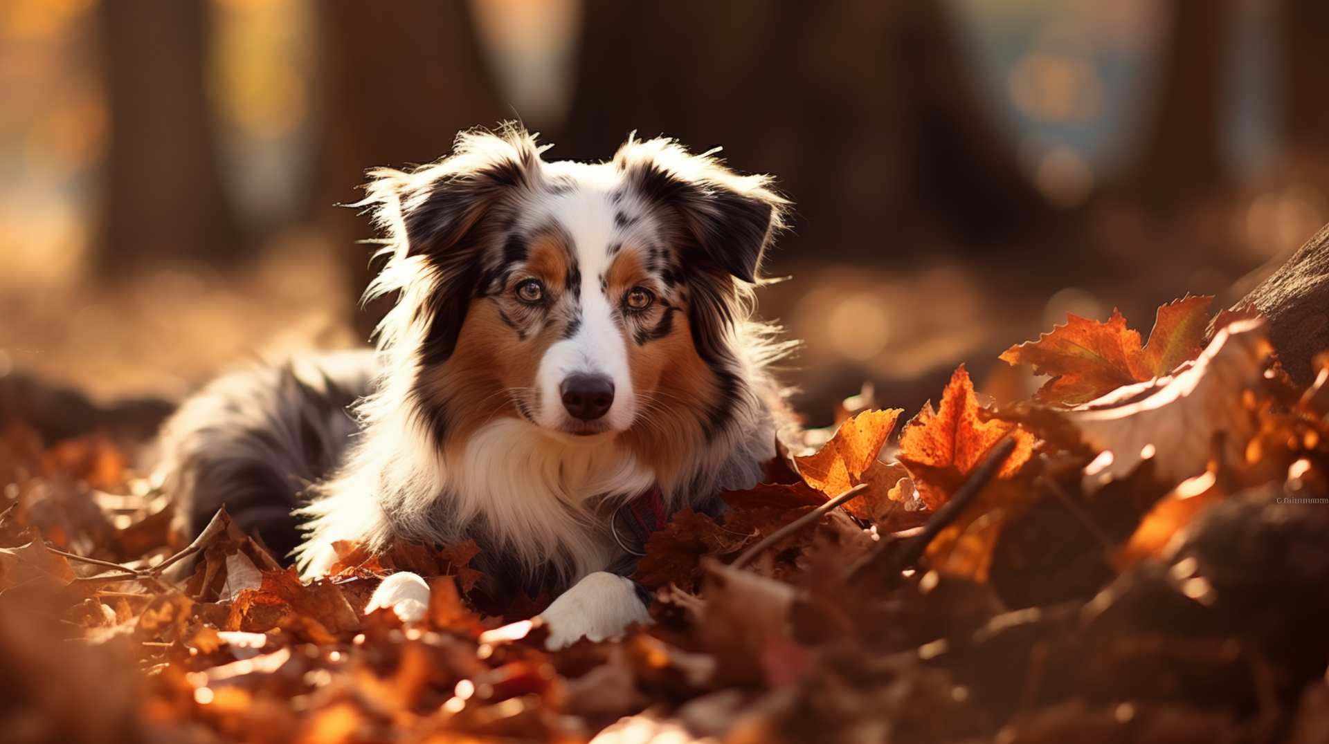 Australian Shepherd in Autumn Leaves HD Wallpaper by Laxmonaut