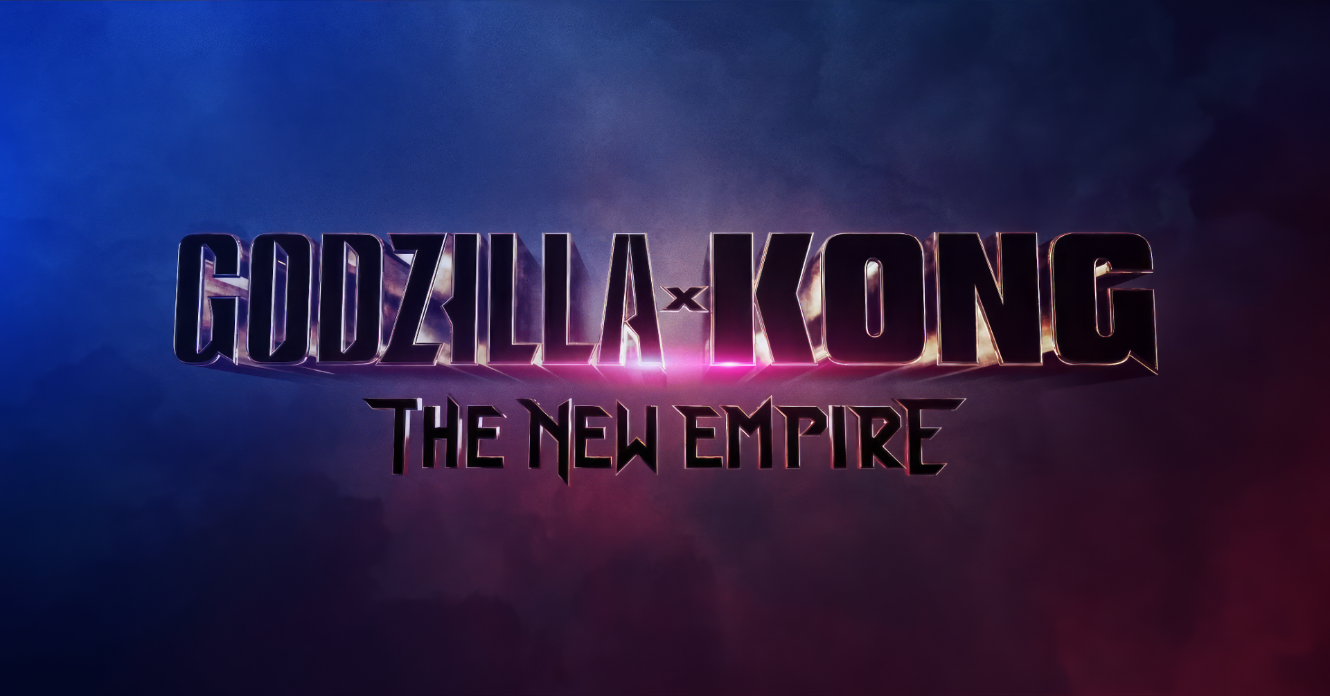 A vibrant HD desktop wallpaper featuring the title Godzilla x Kong: The New Empire, set against a dynamic blue and purple background.