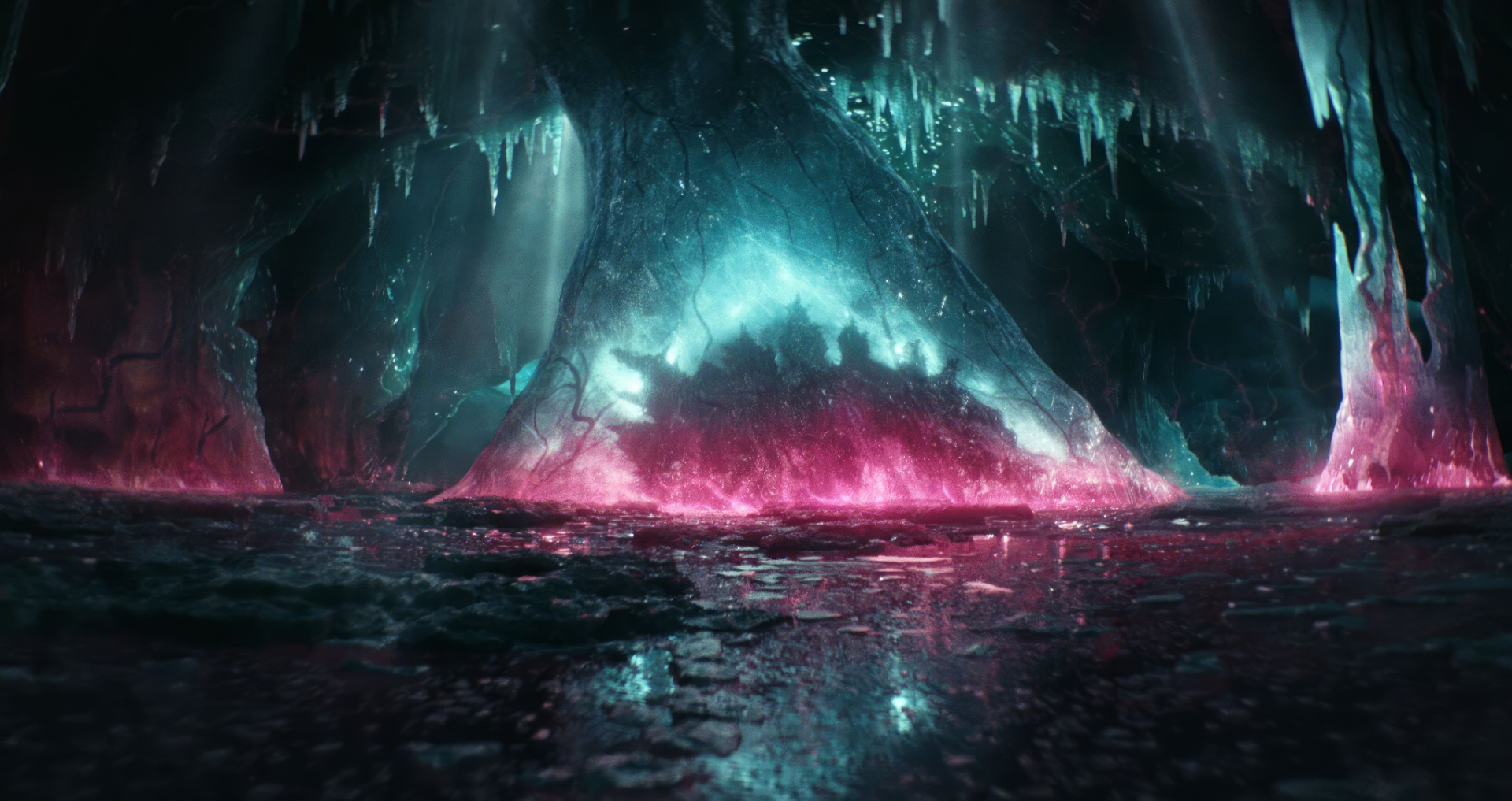 HD wallpaper of a dramatic icy cave scene from Godzilla x Kong: The New Empire movie with vibrant pink and blue lighting.