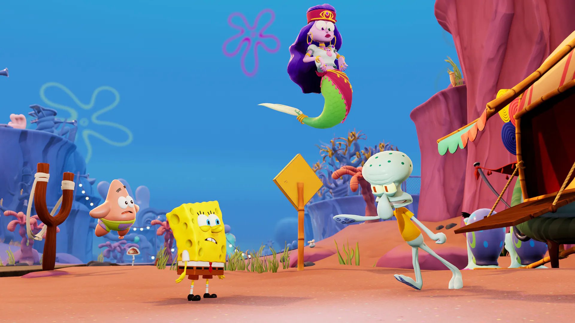 HD wallpaper featuring characters from SpongeBob SquarePants: The Cosmic Shake game with vibrant animation style, suitable as a desktop background.