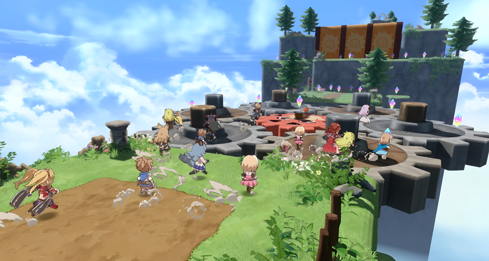 A vibrant HD desktop wallpaper from Granblue Fantasy Versus: Rising, showcasing a colorful scene with characters exploring a lush environment under a bright sky.