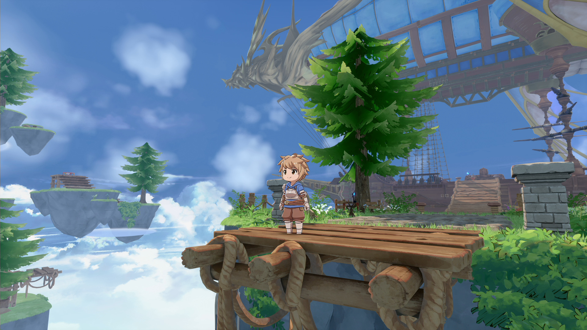 HD desktop wallpaper featuring a character from Granblue Fantasy Versus: Rising standing on a wooden platform with a fantastical backdrop of floating islands and a dragon-like airship.