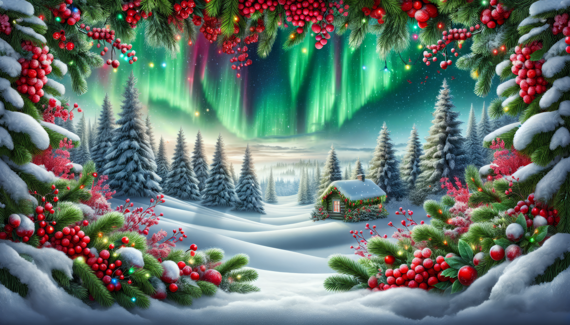 Enchanting Winter Wonderland HD Wallpaper featuring a snowy landscape with northern lights, a cozy cabin, and festive holly berries.