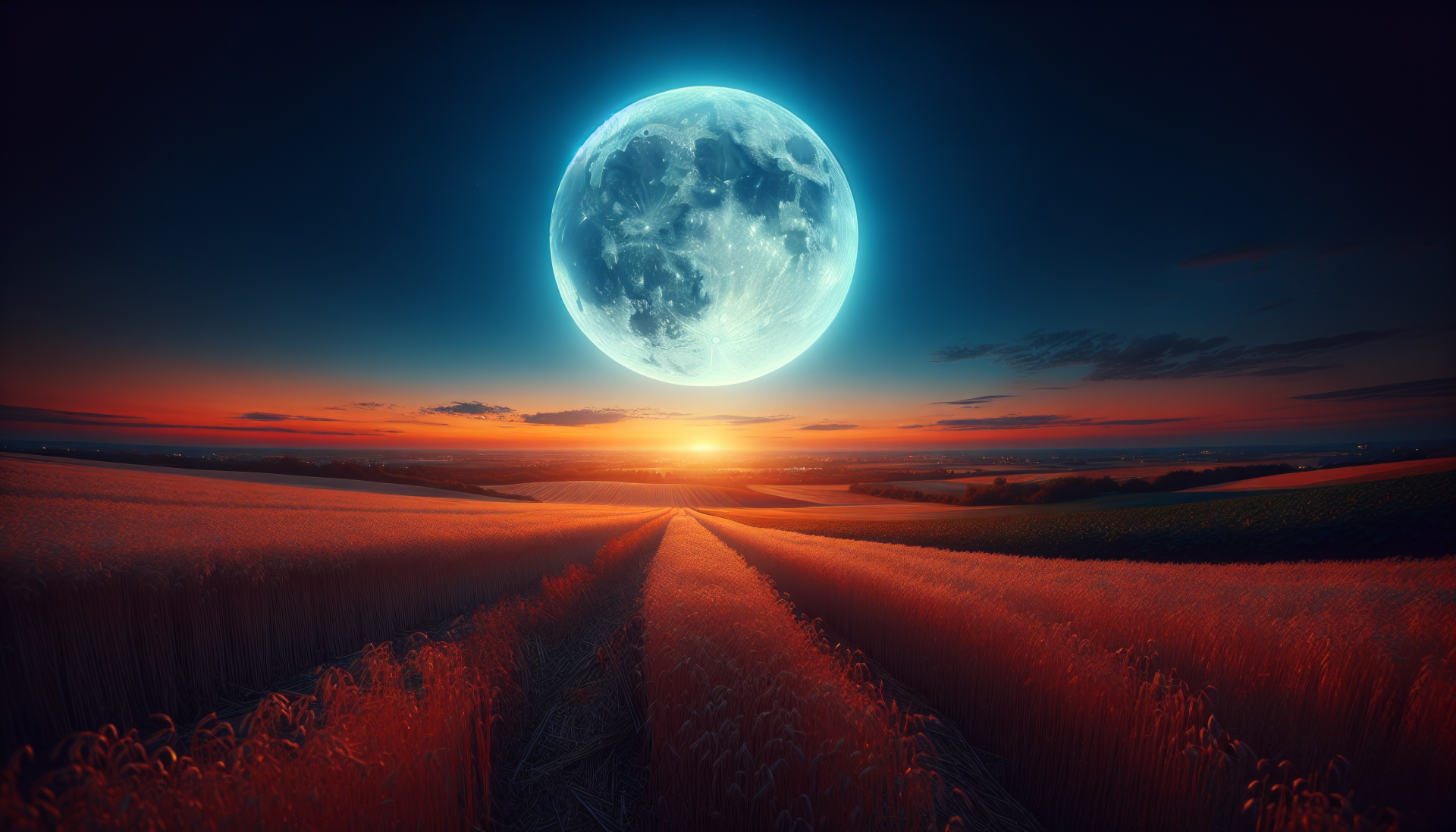 A stunning harvest moon rises above a picturesque landscape at dusk, casting a soft glow over fields and a winding path, creating a serene nature scene in HD quality.