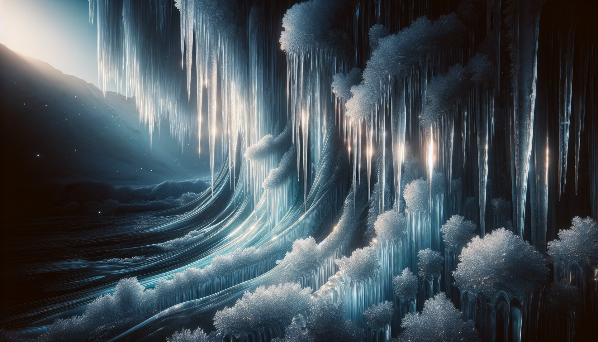 HD wallpaper of a mystical frozen landscape with glowing icicles and ethereal blue light.