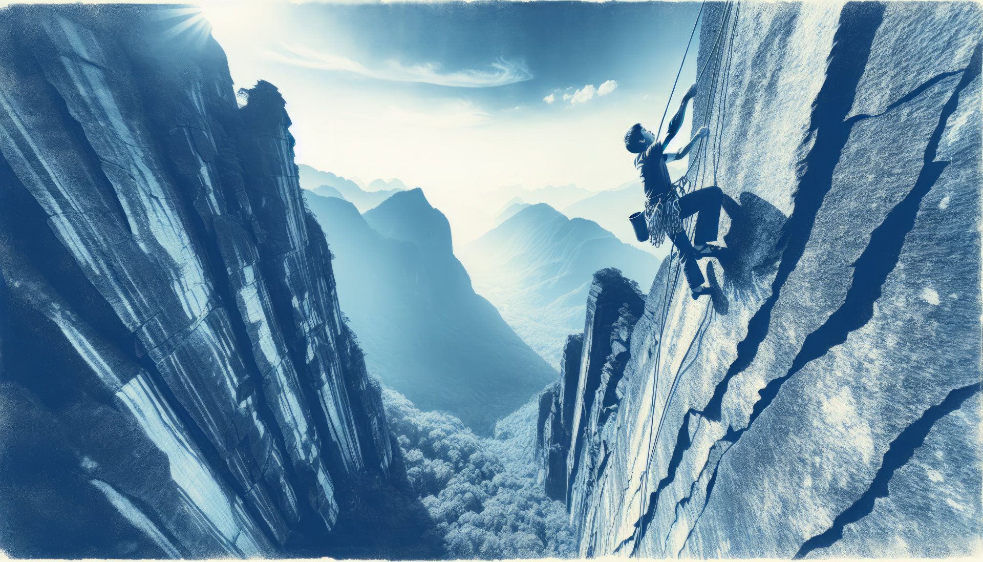 A stunning HD desktop wallpaper featuring a climber scaling a rugged rock face, surrounded by majestic mountains and a dramatic sky, capturing the essence of rock climbing adventures.
