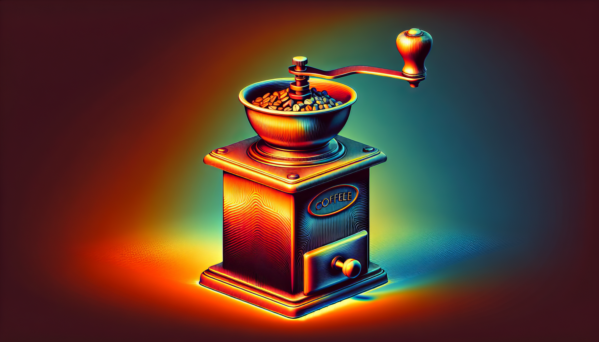 Vintage coffee grinder with beans HD desktop wallpaper, featuring a vibrant color gradient background.