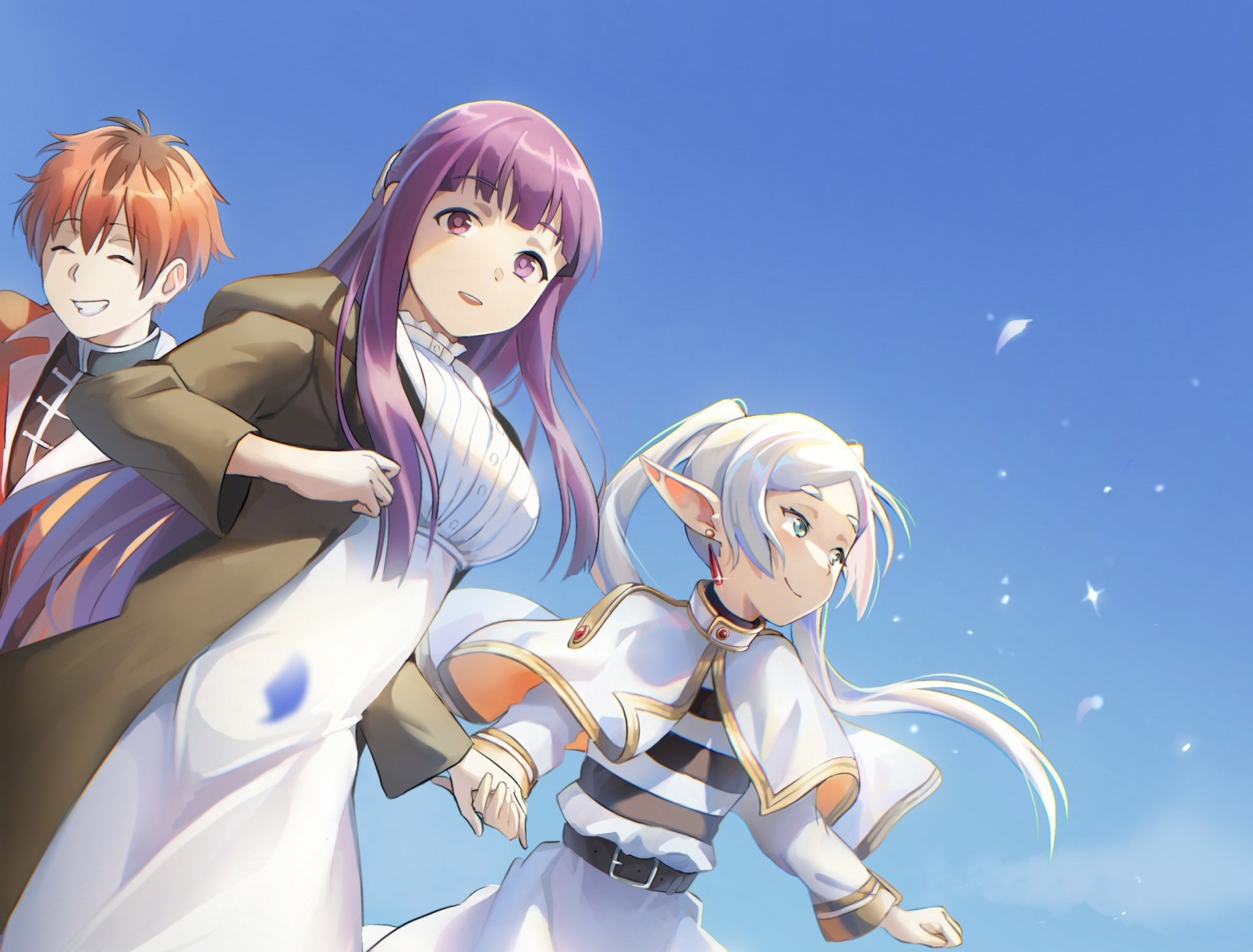 HD anime wallpaper featuring Stark, Fern, and Frieren from Frieren: Beyond Journey's End against a clear blue sky background.