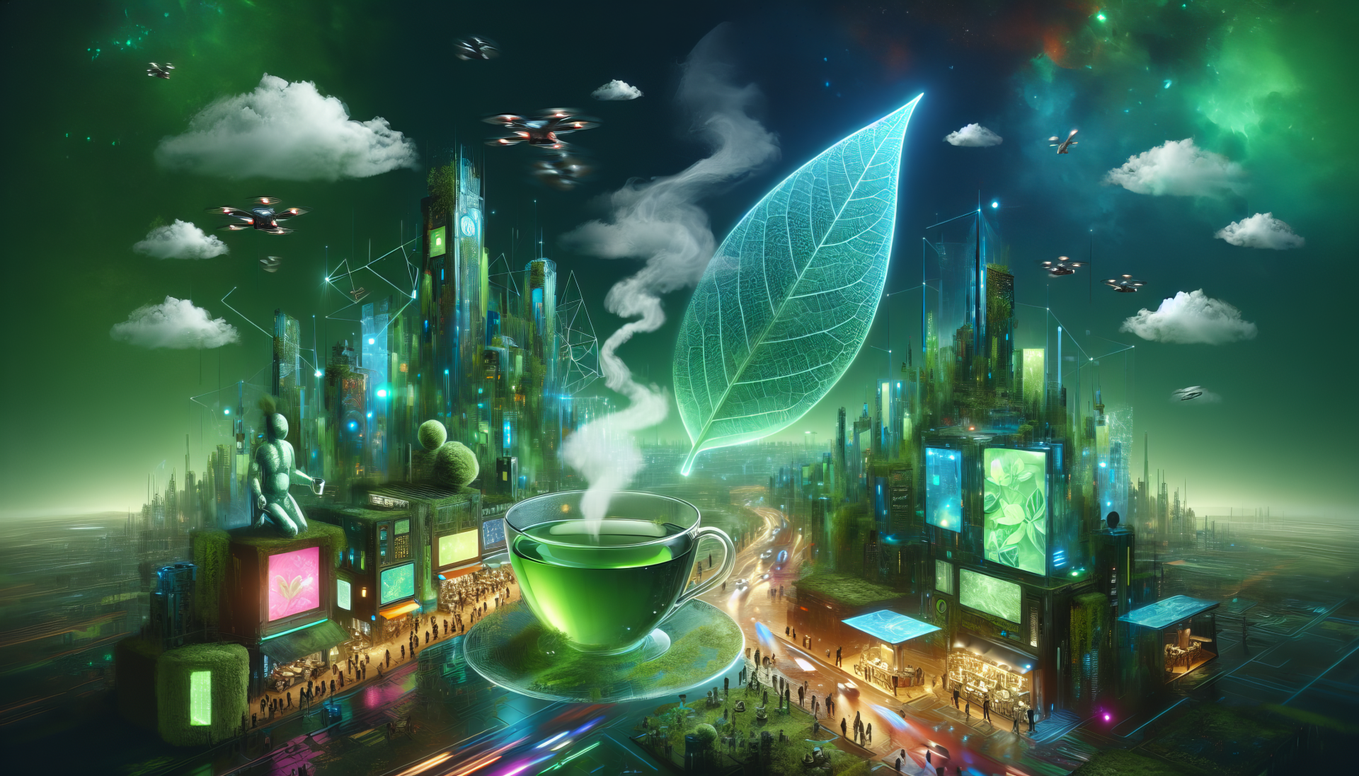 HD desktop wallpaper featuring a steaming cup of green tea with a vibrant, futuristic cityscape and a large glowing leaf in the background.