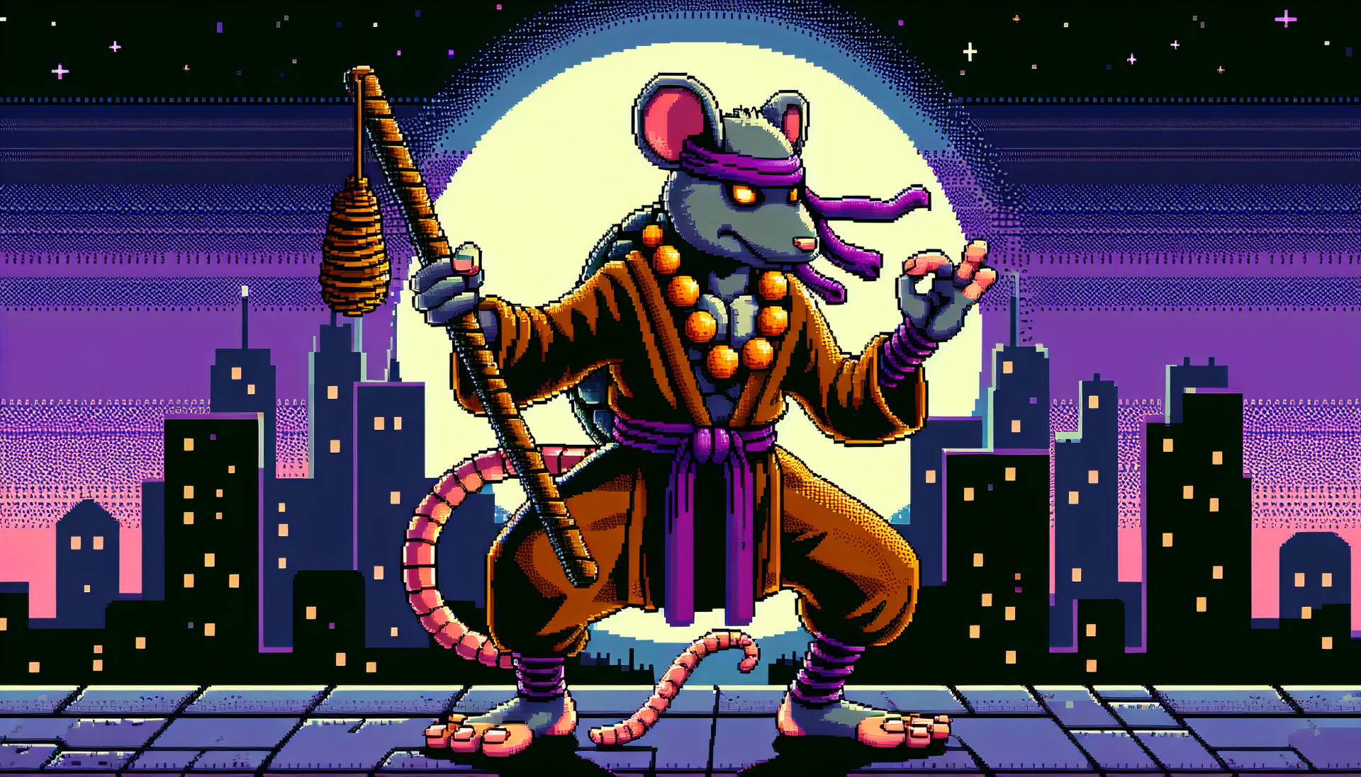 Pixel art Splinter from TMNT standing on a rooftop with city skyline at night for HD desktop wallpaper.