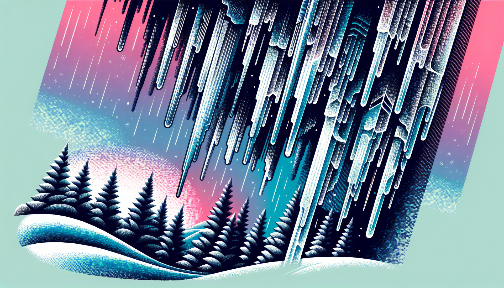 A vibrant HD wallpaper featuring striking icicles cascading from a colorful sky, set against a serene snowy landscape with evergreen trees.