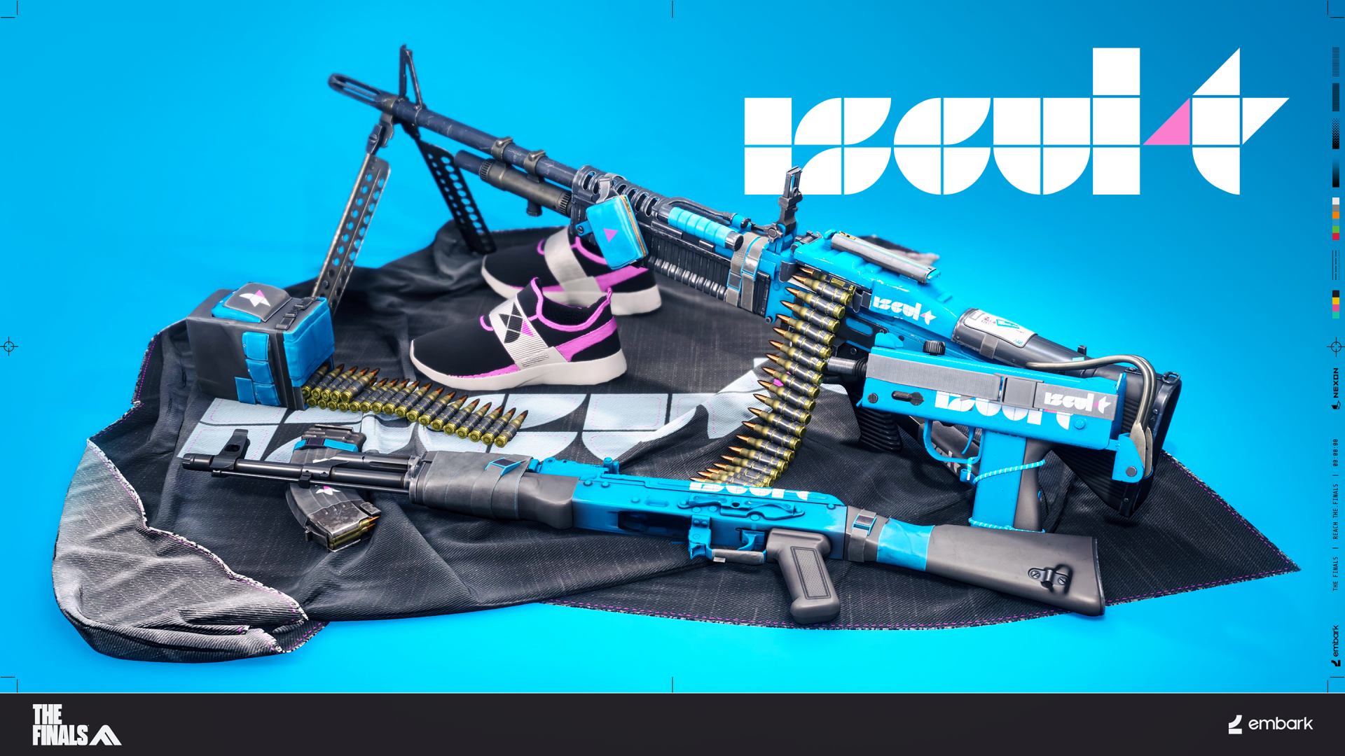 HD wallpaper featuring gear from the video game The Finals, including intricately designed weapons and sneakers against a vibrant blue background.