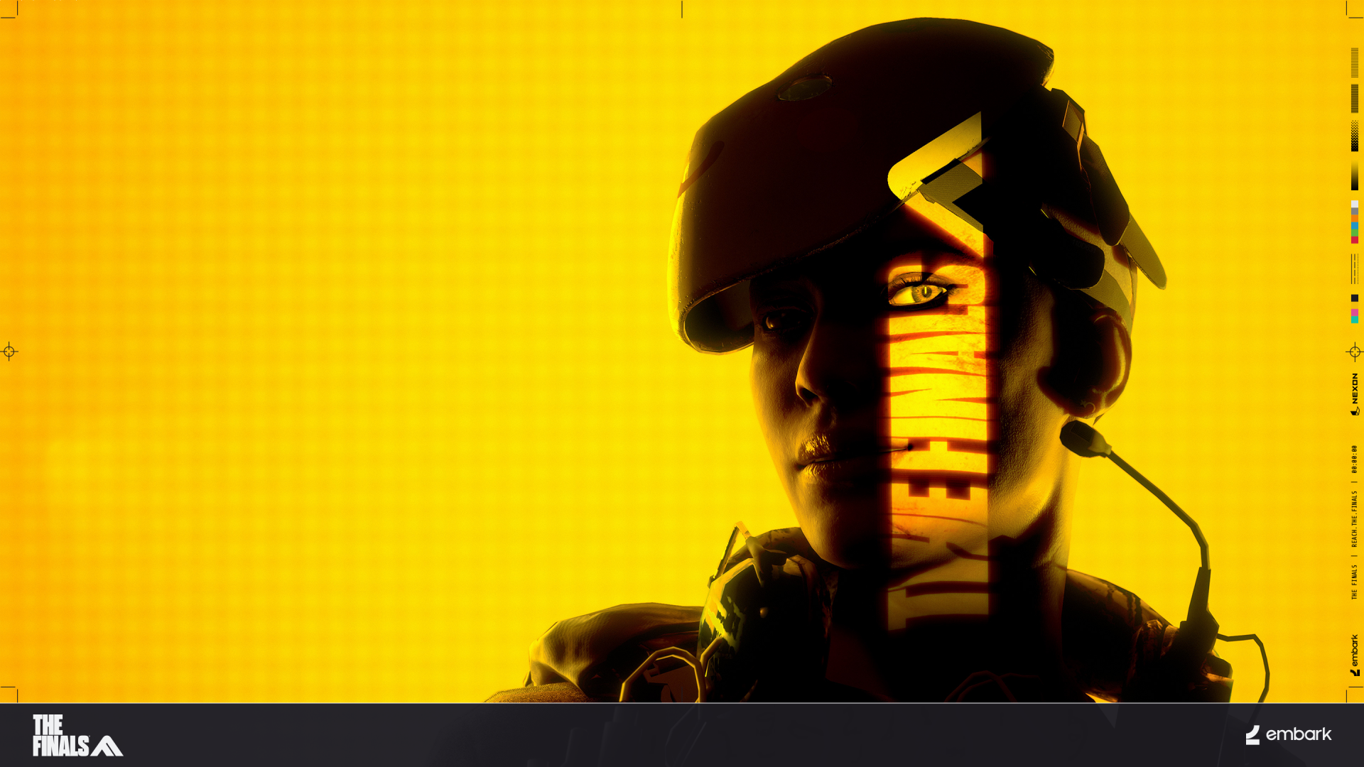 HD wallpaper featuring a close-up of a soldier character from the video game The Finals set against a vibrant yellow background.