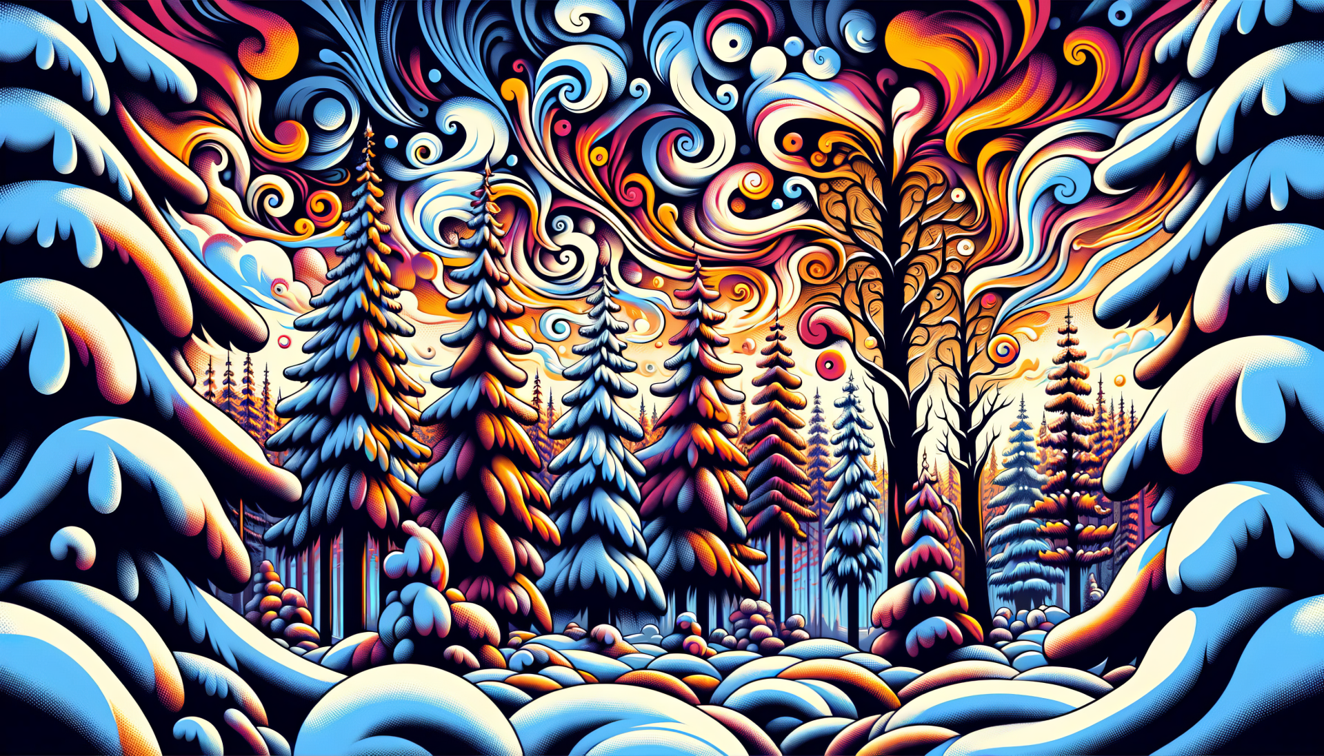 A vibrant winter forest scene featuring stylized trees covered in snow, illuminated by swirling colors of orange and blue, creating a striking HD desktop wallpaper.