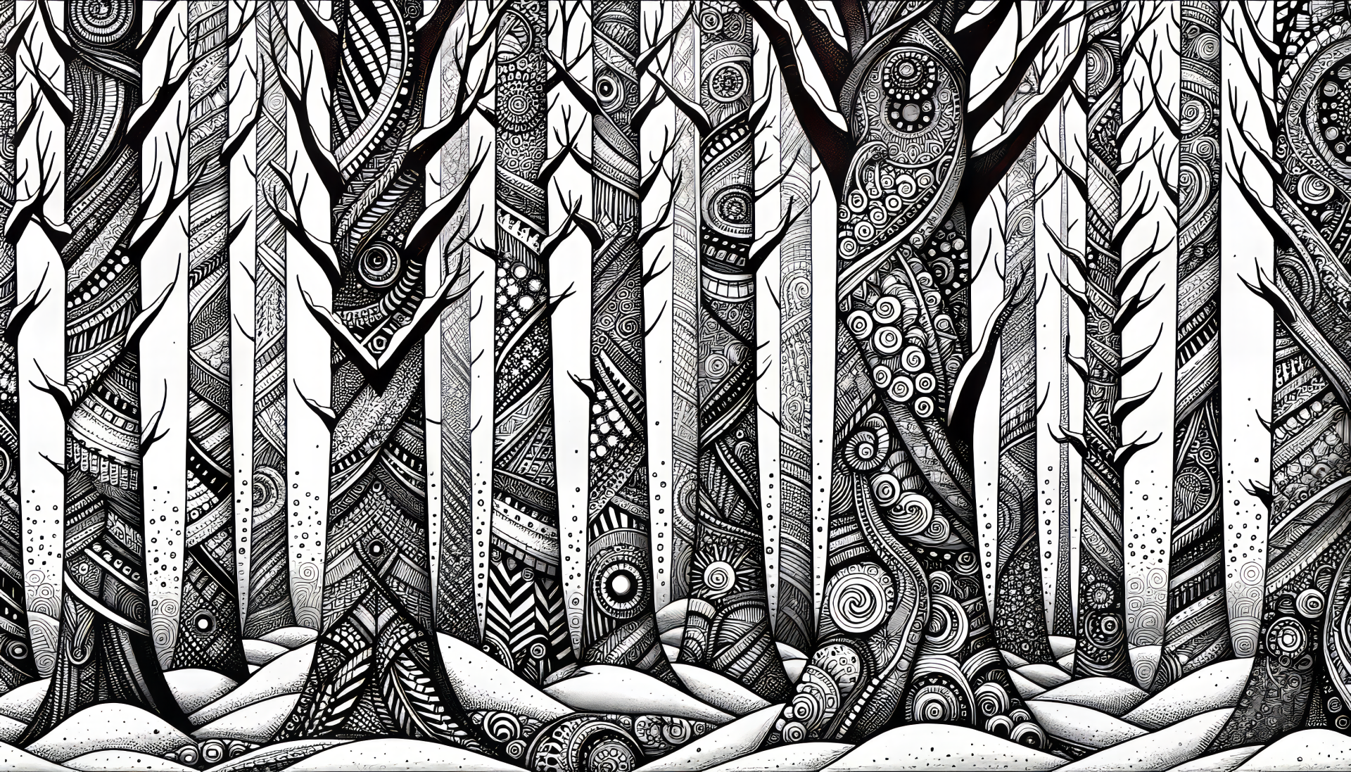 HD winter forest desktop wallpaper featuring intricate black and white tree designs with geometrical patterns as a background.