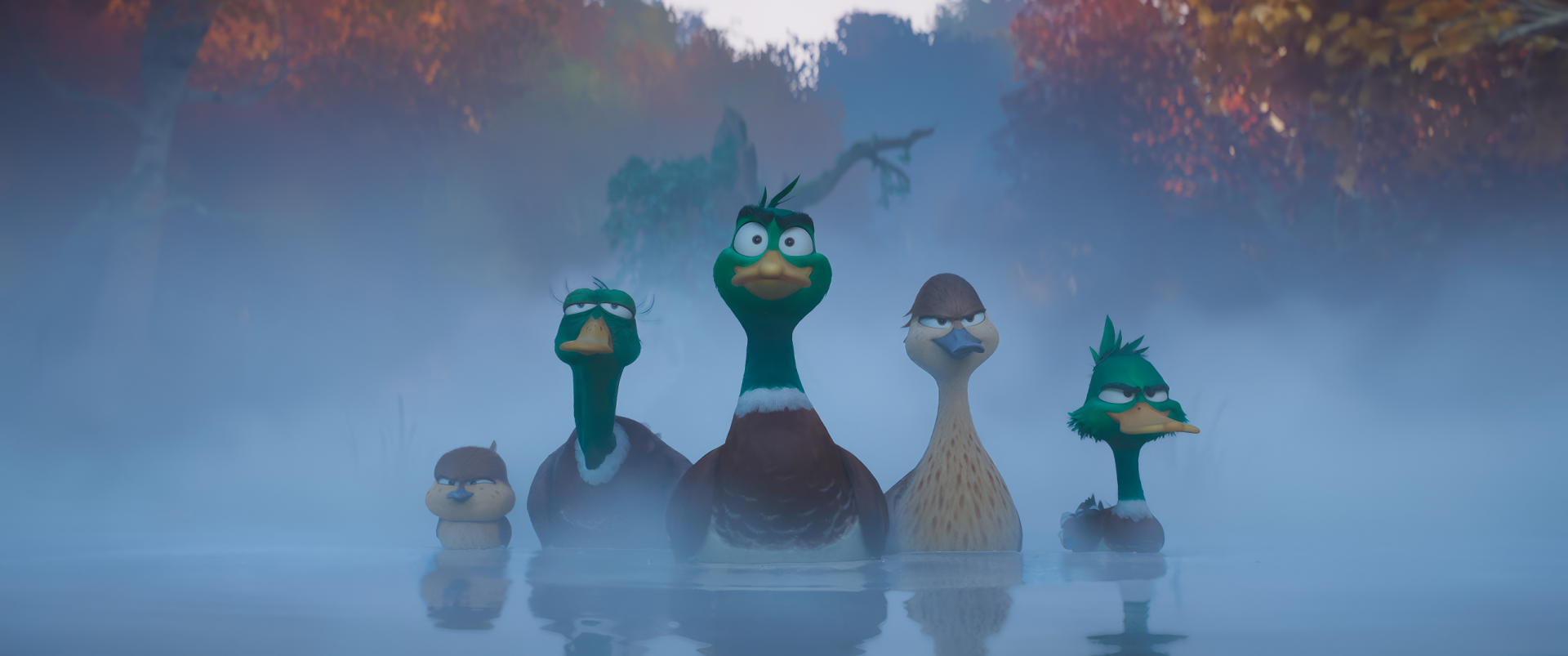 HD desktop wallpaper featuring animated ducks from the 2023 movie Migration set in a misty, autumn-colored landscape.