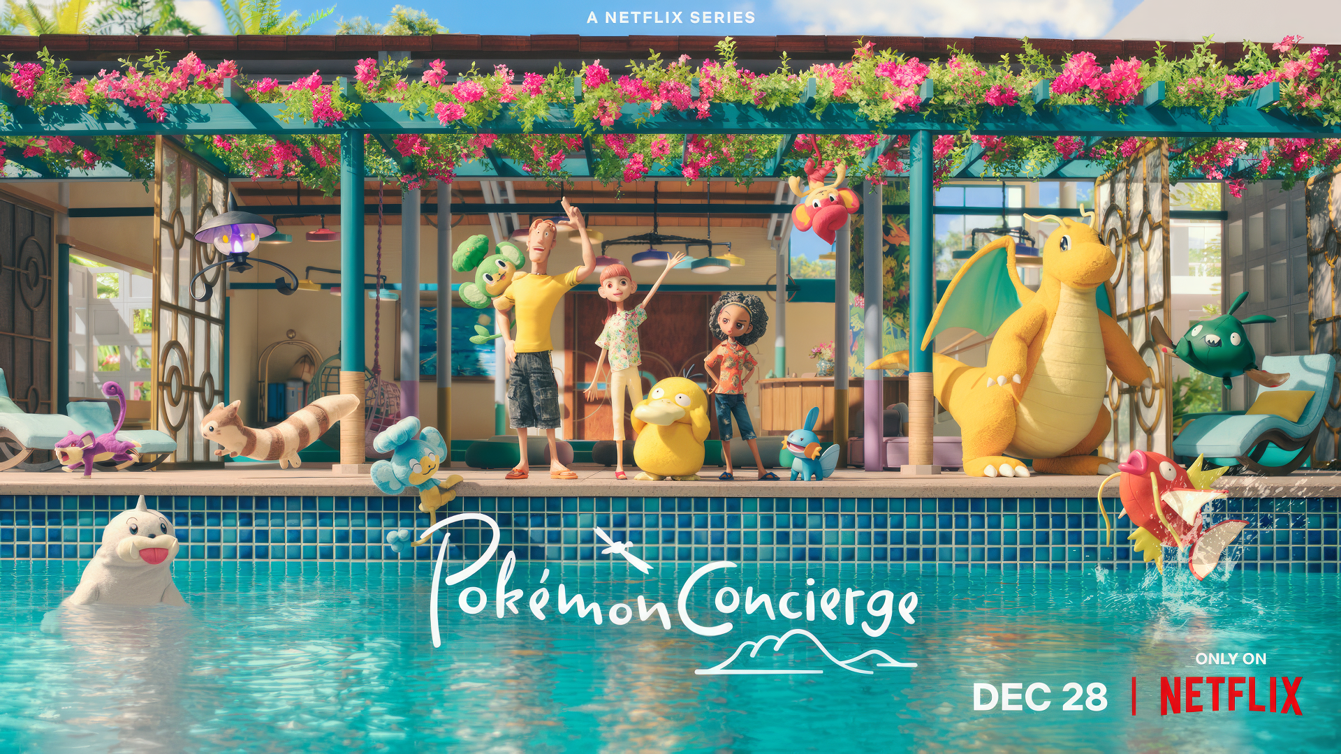 HD desktop wallpaper featuring the Pokémon Concierge TV show, with characters and Pokémon by a resort pool, available on Netflix.