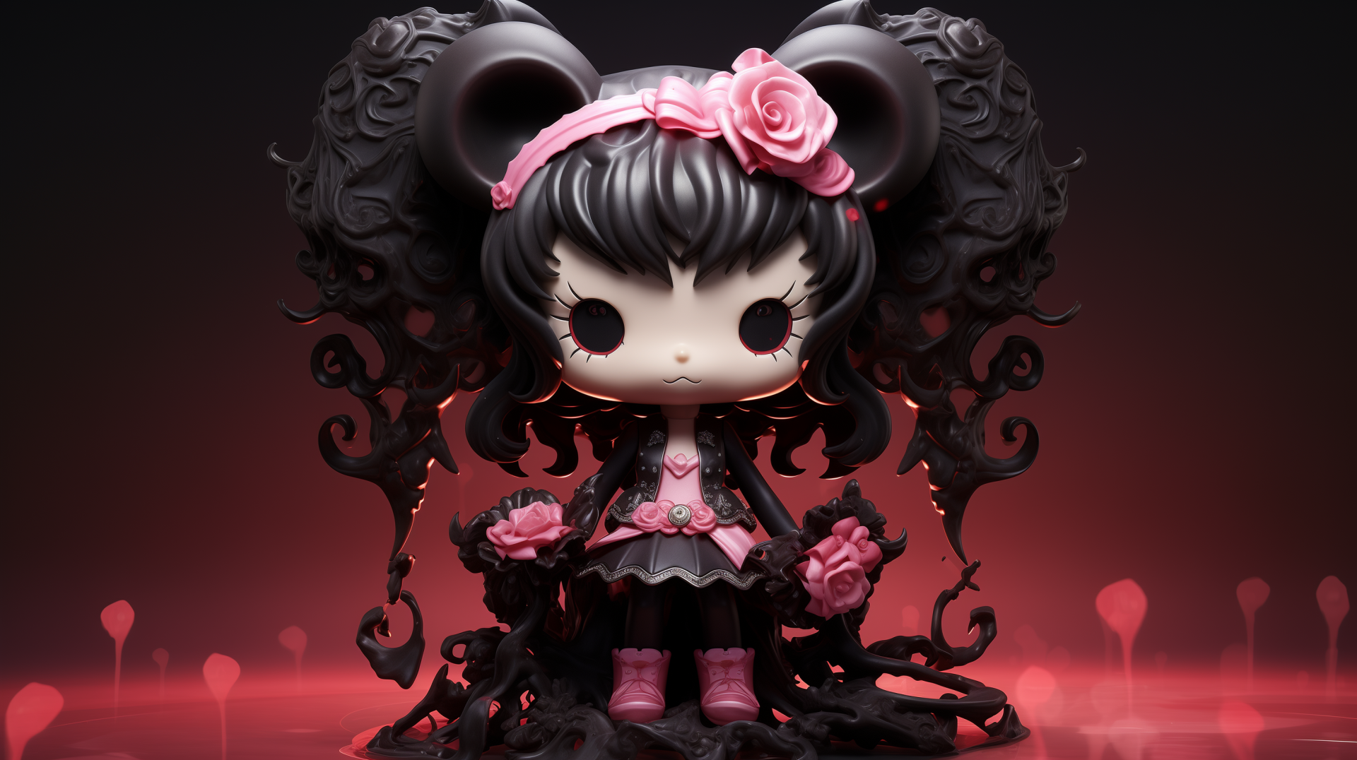 HD desktop wallpaper featuring the Kuromi character from Hello Kitty with a dark and stylish theme on a red background.