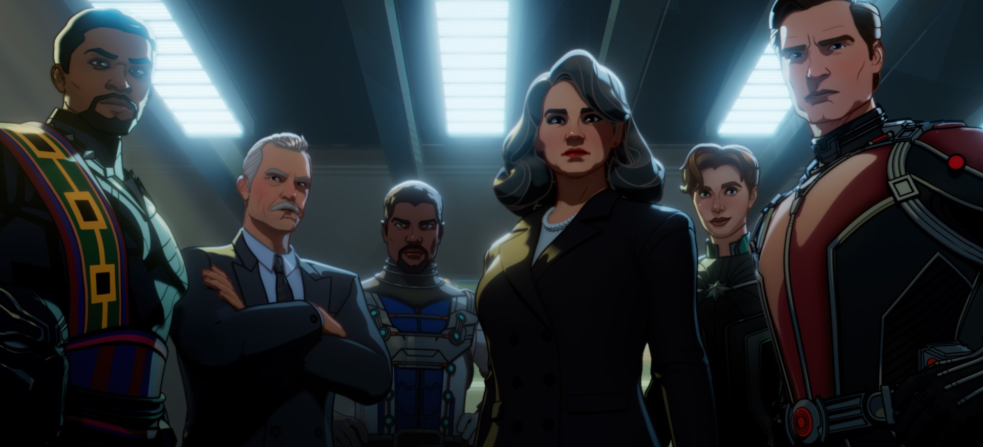 HD animated wallpaper featuring characters from the What If... TV show, with a stern-looking group standing confidently in a dimly lit room.