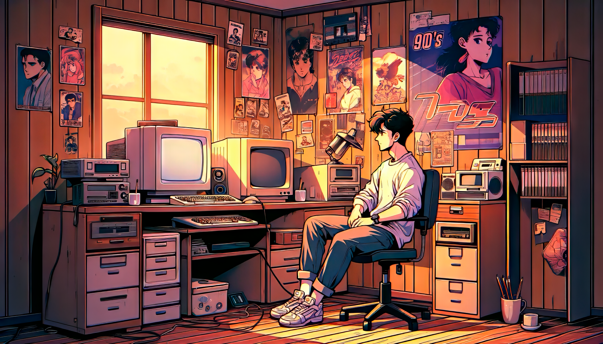 A cozy anime room with 90s aesthetics, featuring a character sitting at a desk with vintage computers, surrounded by posters and warm sunlight—an inviting lofi atmosphere. HD desktop wallpaper.