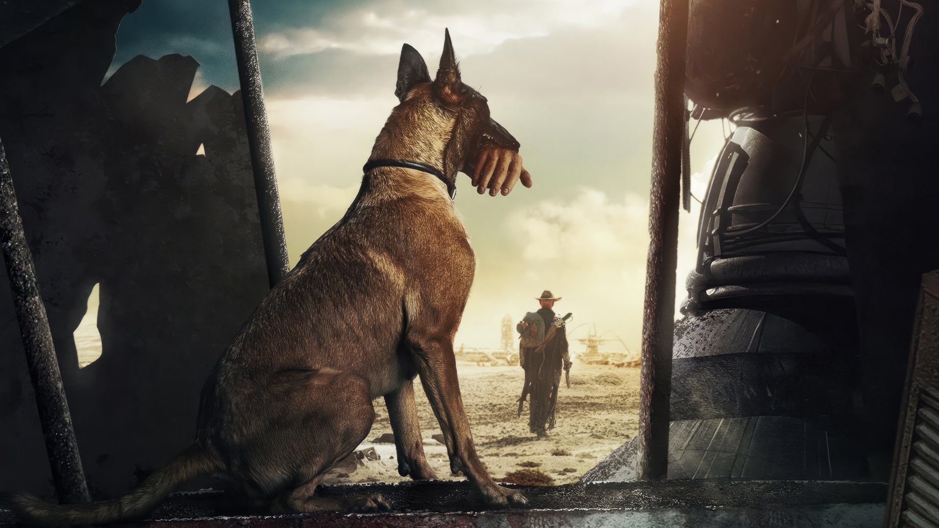 HD wallpaper featuring a scene from the TV show Fallout with a dog looking out over a desolate landscape, as a figure approaches in the distance.