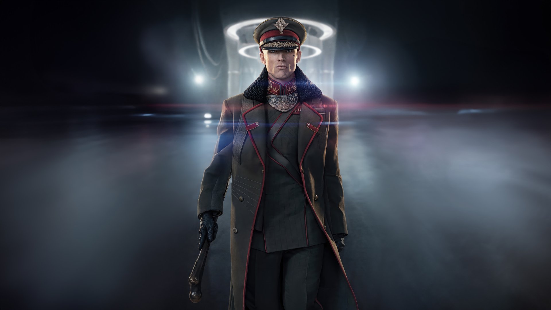 HD Rebel Moon movie wallpaper featuring a character in a futuristic military uniform with a glowing halo above head on a misty background.