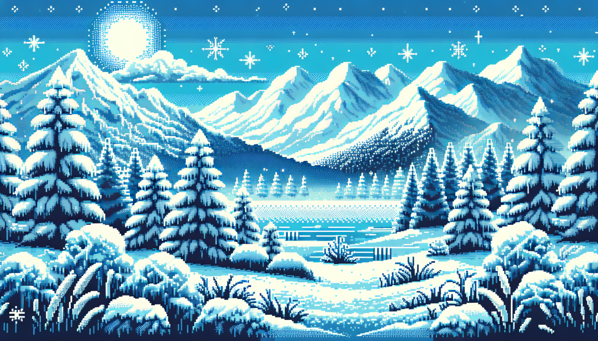 HD wallpaper of a frosty, pixel art winter landscape with snow-covered trees, mountains, and a starry sky.