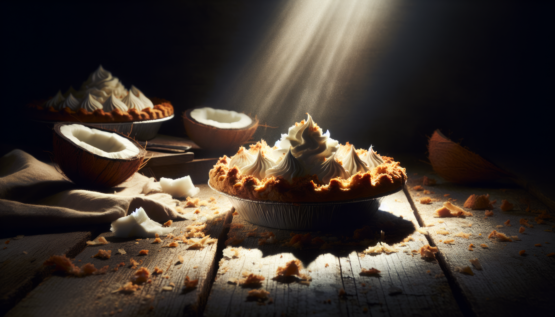 A stunning HD desktop wallpaper featuring a coconut cream pie with whipped topping, surrounded by coconuts and crumbs, illuminated by a beam of light.