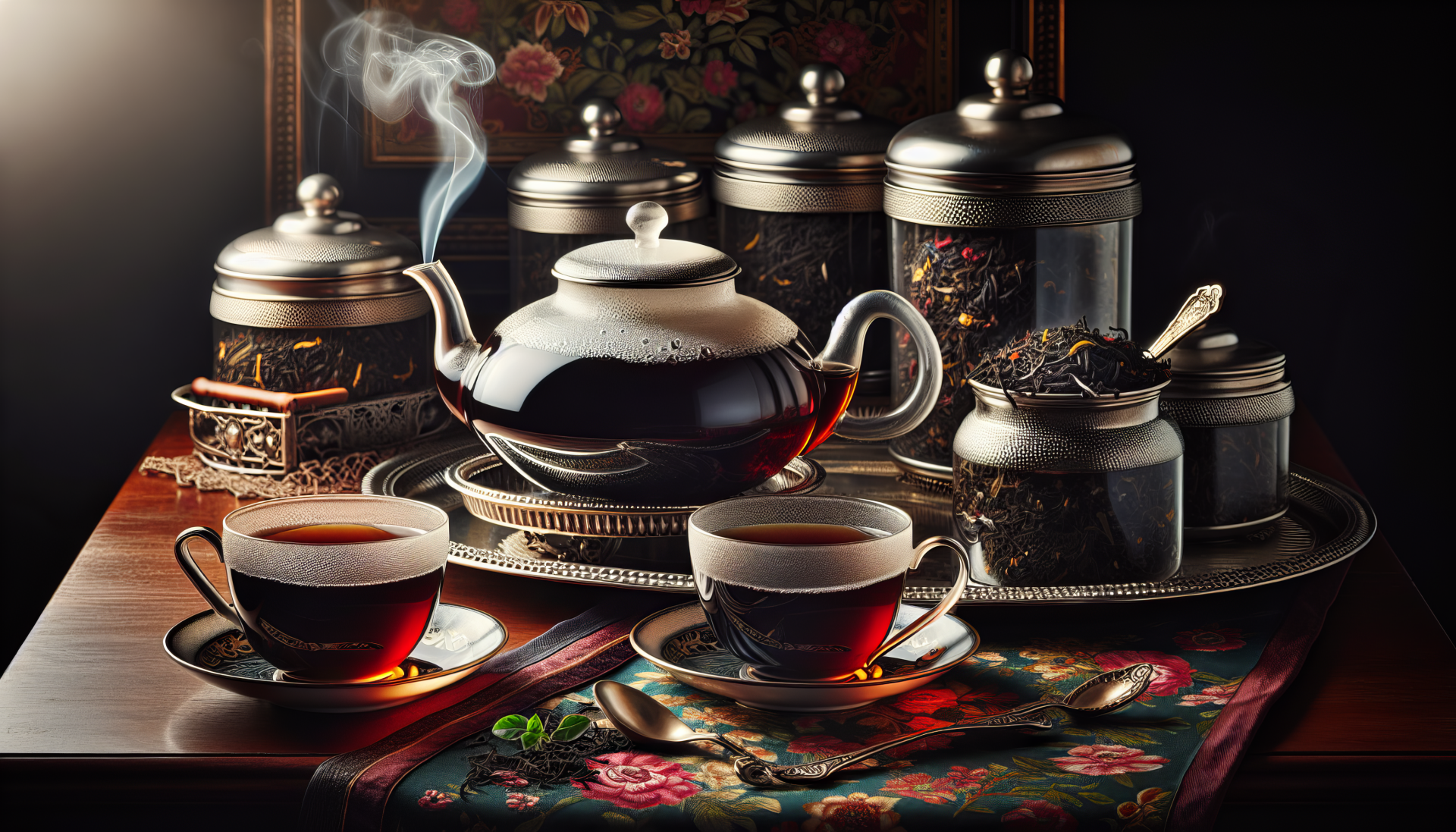Elegant HD desktop wallpaper of a black tea setup with steam rising from a teapot, two cups of tea, and containers of loose tea leaves, set against a dark, moody background.