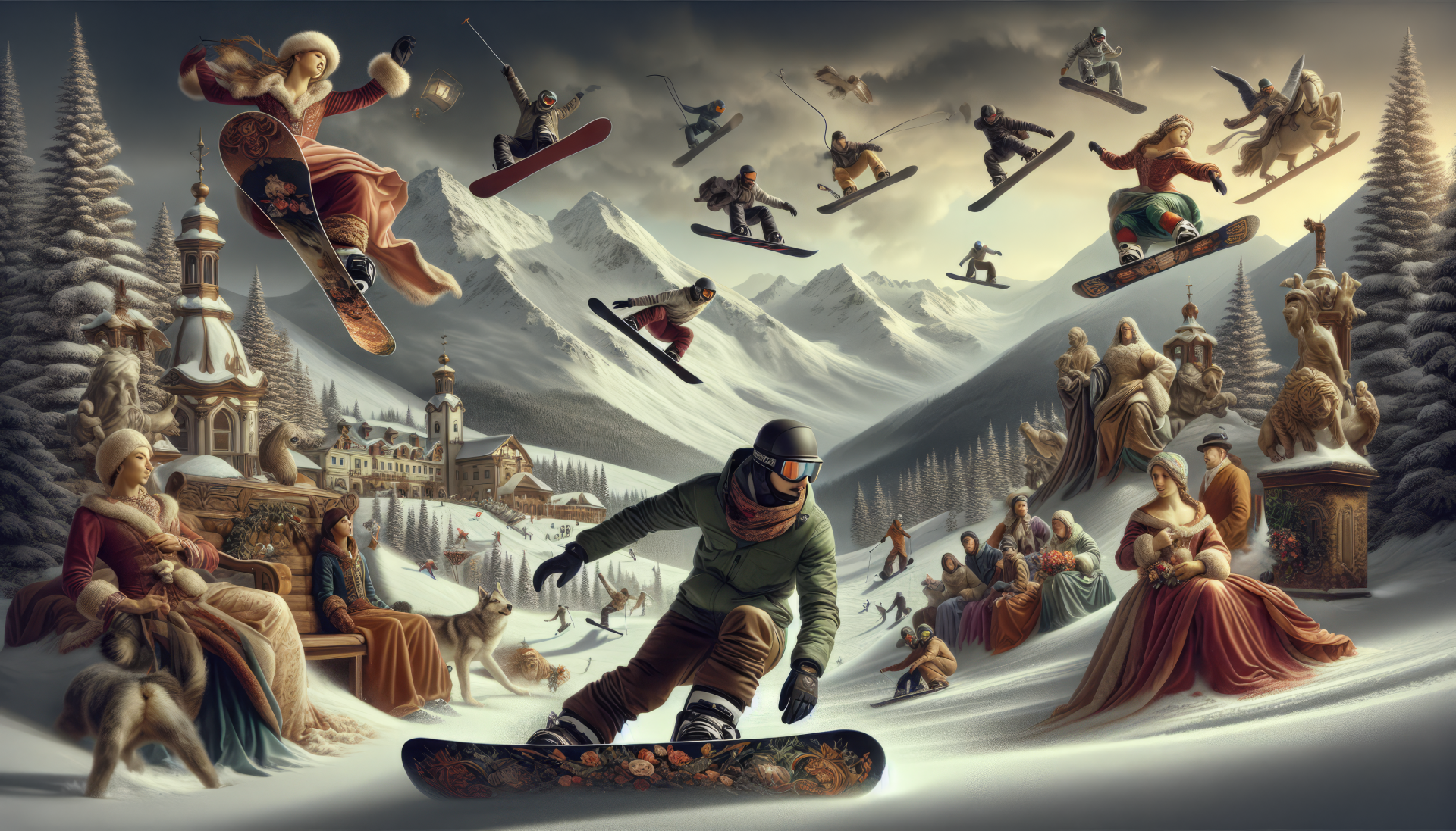HD wallpaper of snowboarders performing aerial tricks above a snowy mountain village scene.