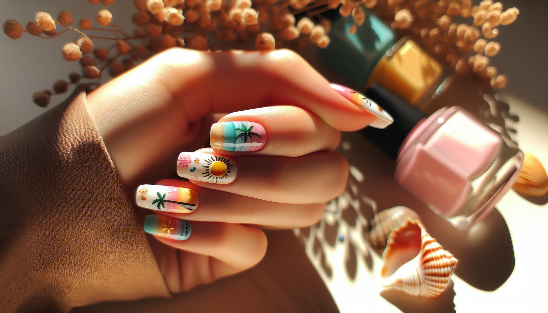 HD wallpaper of a hand with summer-themed nail art, featuring palm trees and sun, alongside nail polish bottles and sea shells.