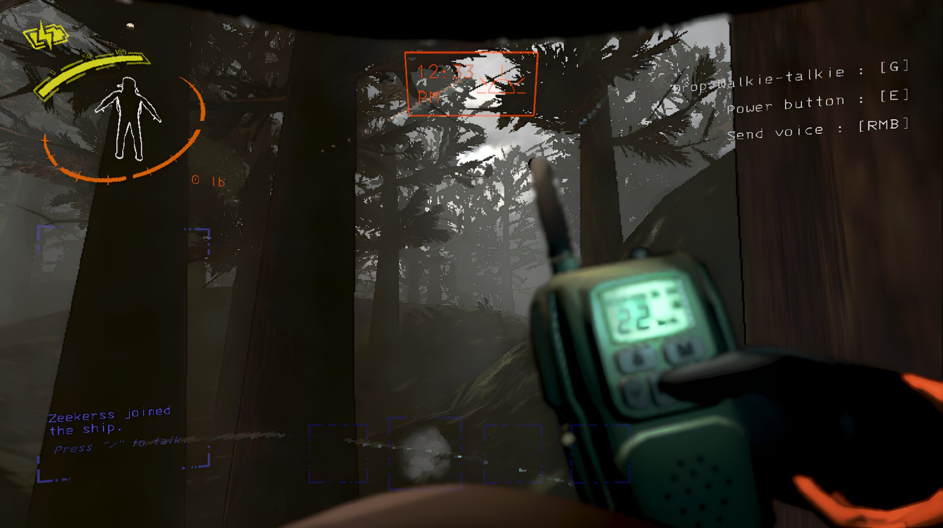 HD desktop wallpaper featuring a first-person view from the video game Lethal Company, with a focus on a handheld radio and a forest environment in the background.