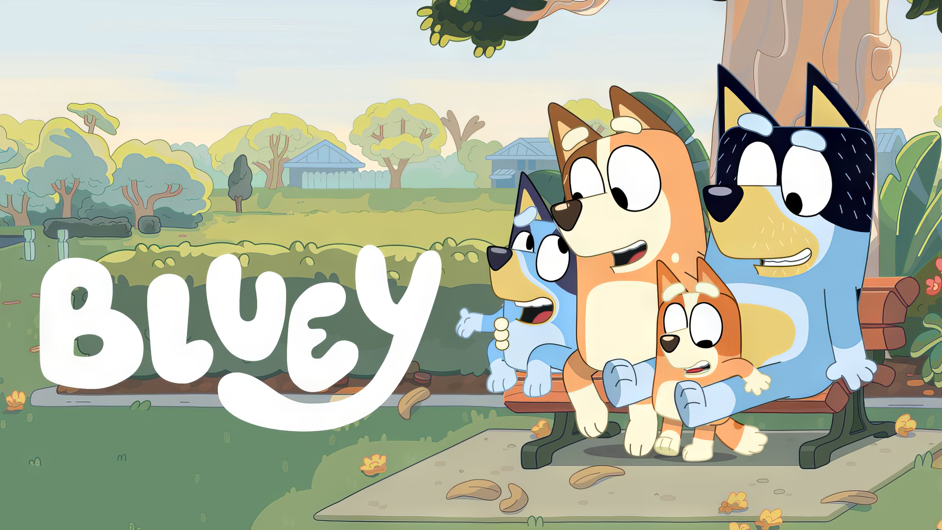 A vibrant HD wallpaper featuring Bluey and her family enjoying a sunny day in the park, capturing their playful spirit and the charm of their animated world.