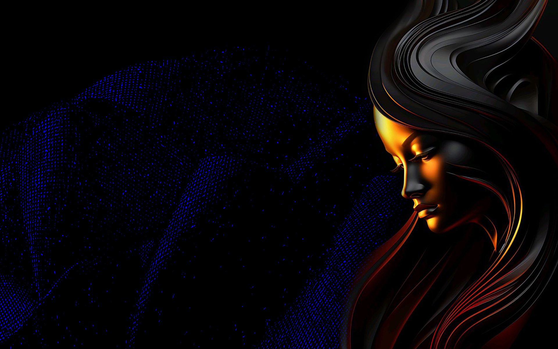 HD PC desktop wallpaper featuring a dark, artistic profile of a woman with flowing hair against a deep blue and black background.
